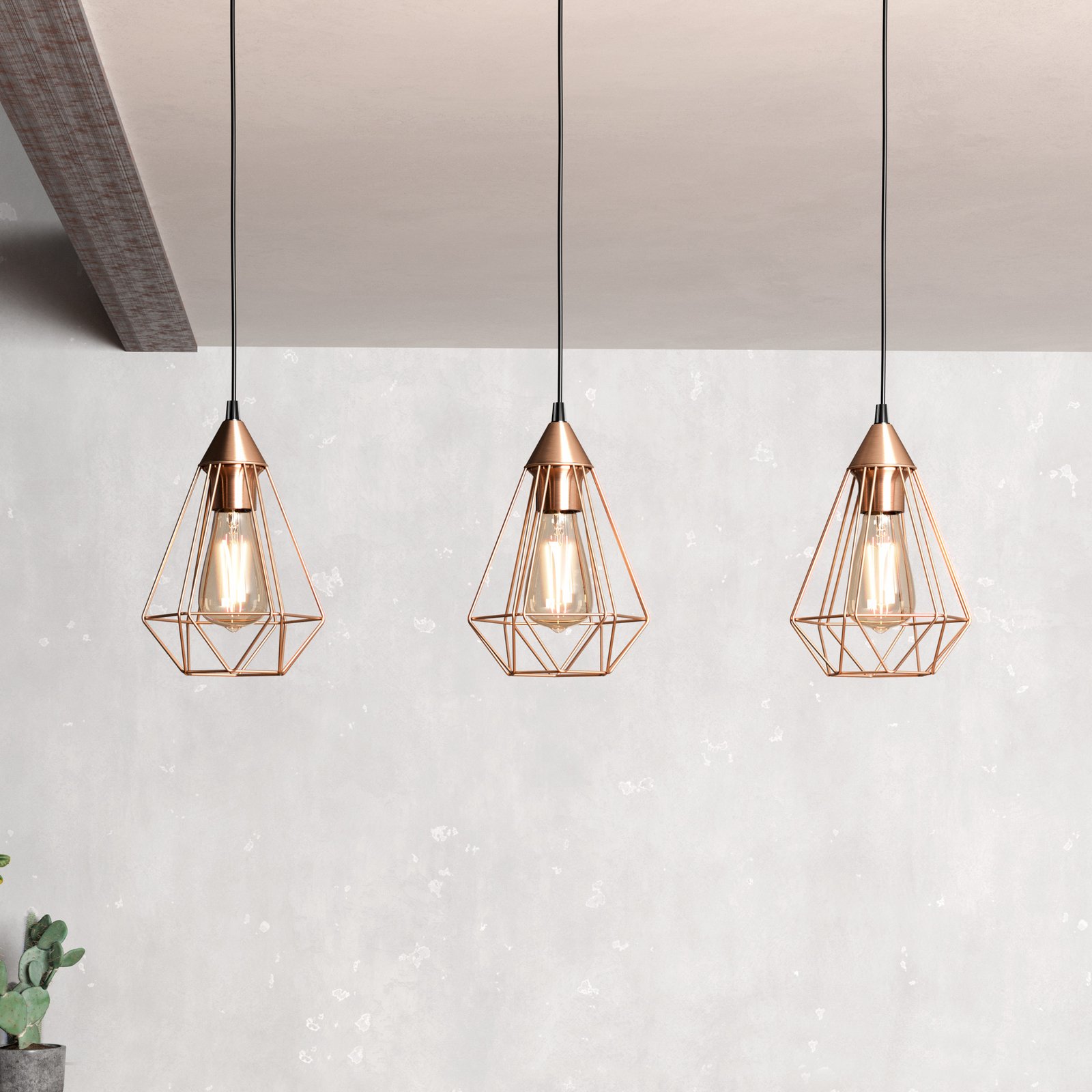3-bulb vintage pendant light Tarbes in copper