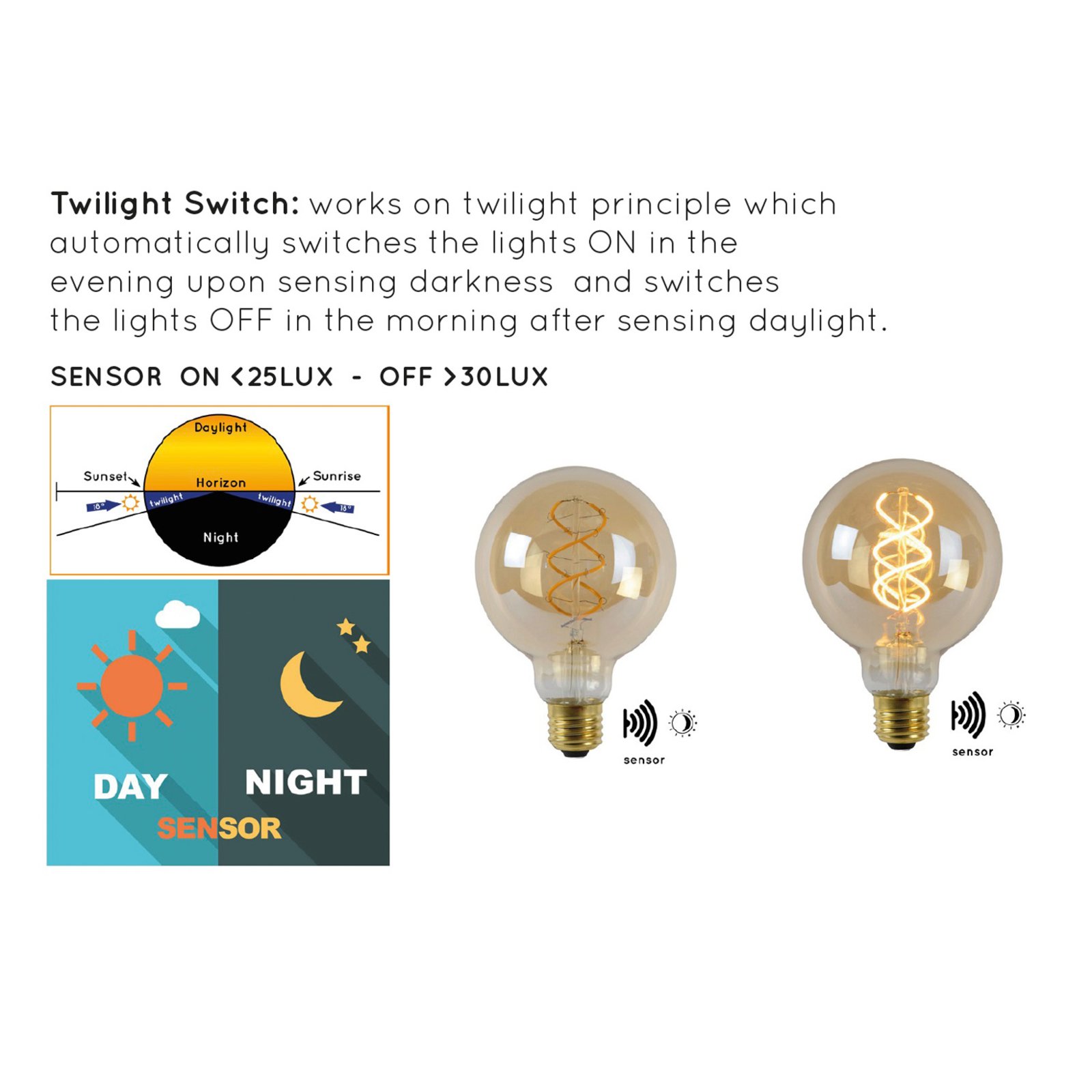 LED bulb E27 globe 4 W 2,200 K amber sensor