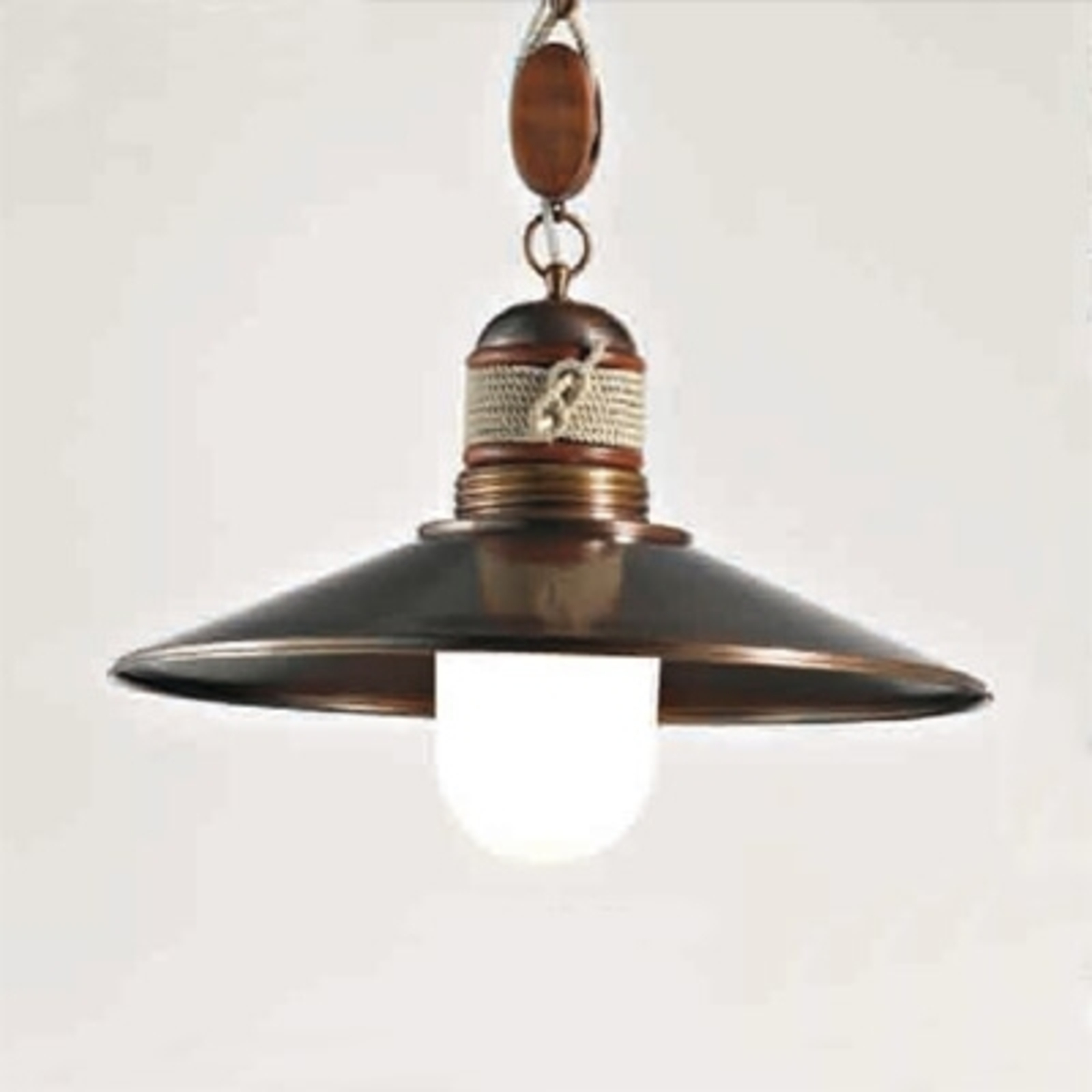 Cremasco Lima one-bulb hanging light, for Living / Dining Room, brass, glass, wood, fabric, E27, 75 W, energy efficiency: A++
