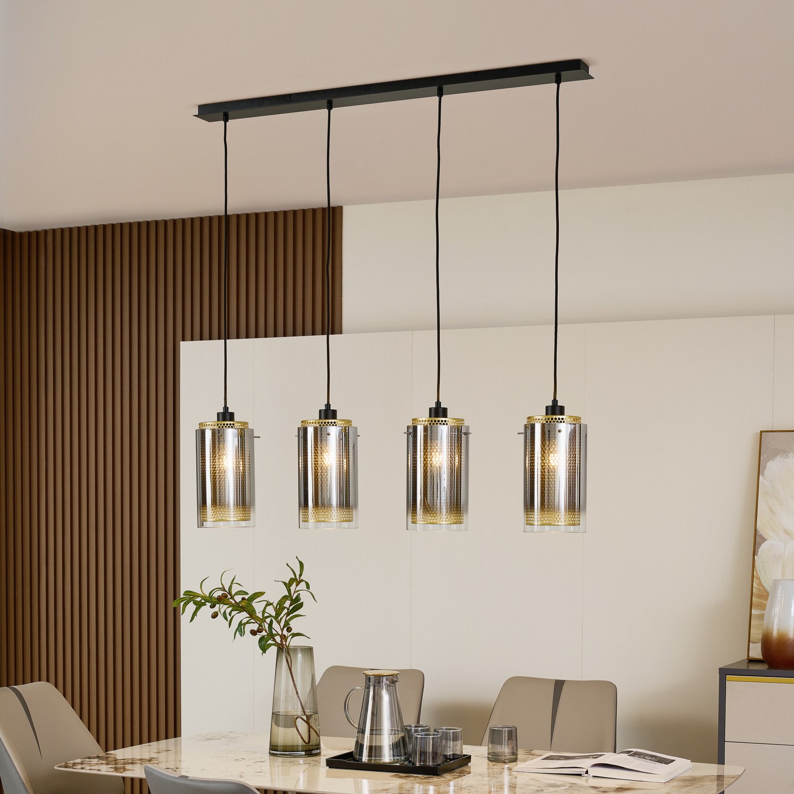 Suspensie Lucande Sterzy 105 cm lungime gri sticlă 4 lumini. - Camera de zi / sufragerie - modern - antracit auriu
