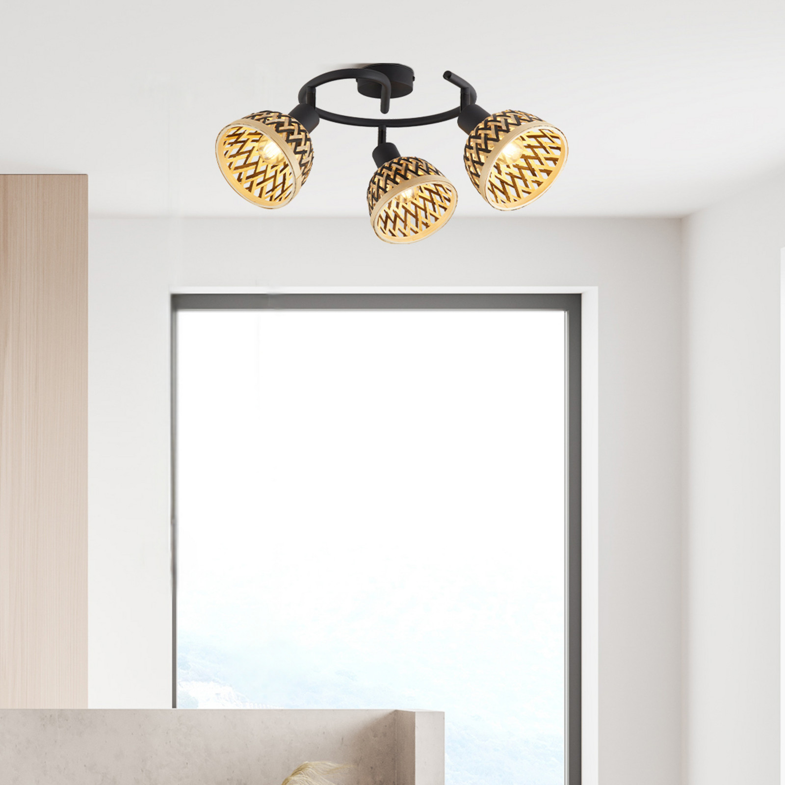 Searchlight Plafonieră Lance 3 becuri bambus - Camera de zi / sufragerie - modern - negru lemn deschis - Metal