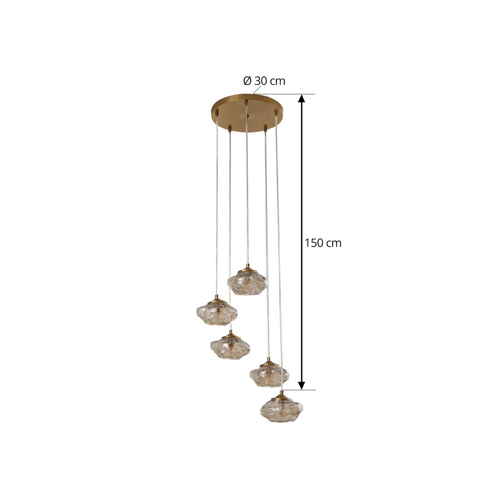 Lampa wisząca Lindby Piatra, Ø45 cm, 5-punktowa, koniak/mosiądz, szkło