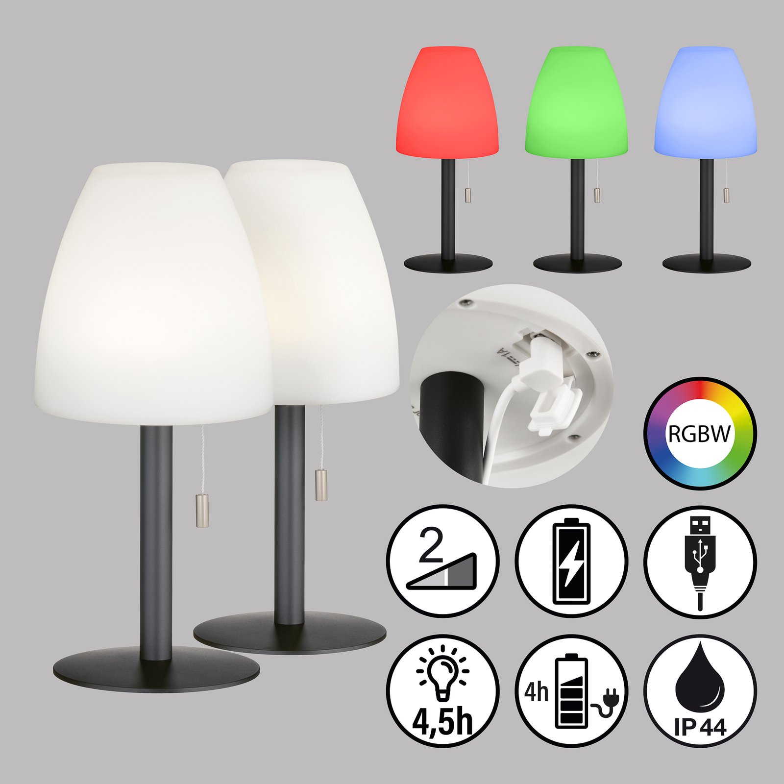 Fiumara lampă masă LED acumulator negru/alb set 2x