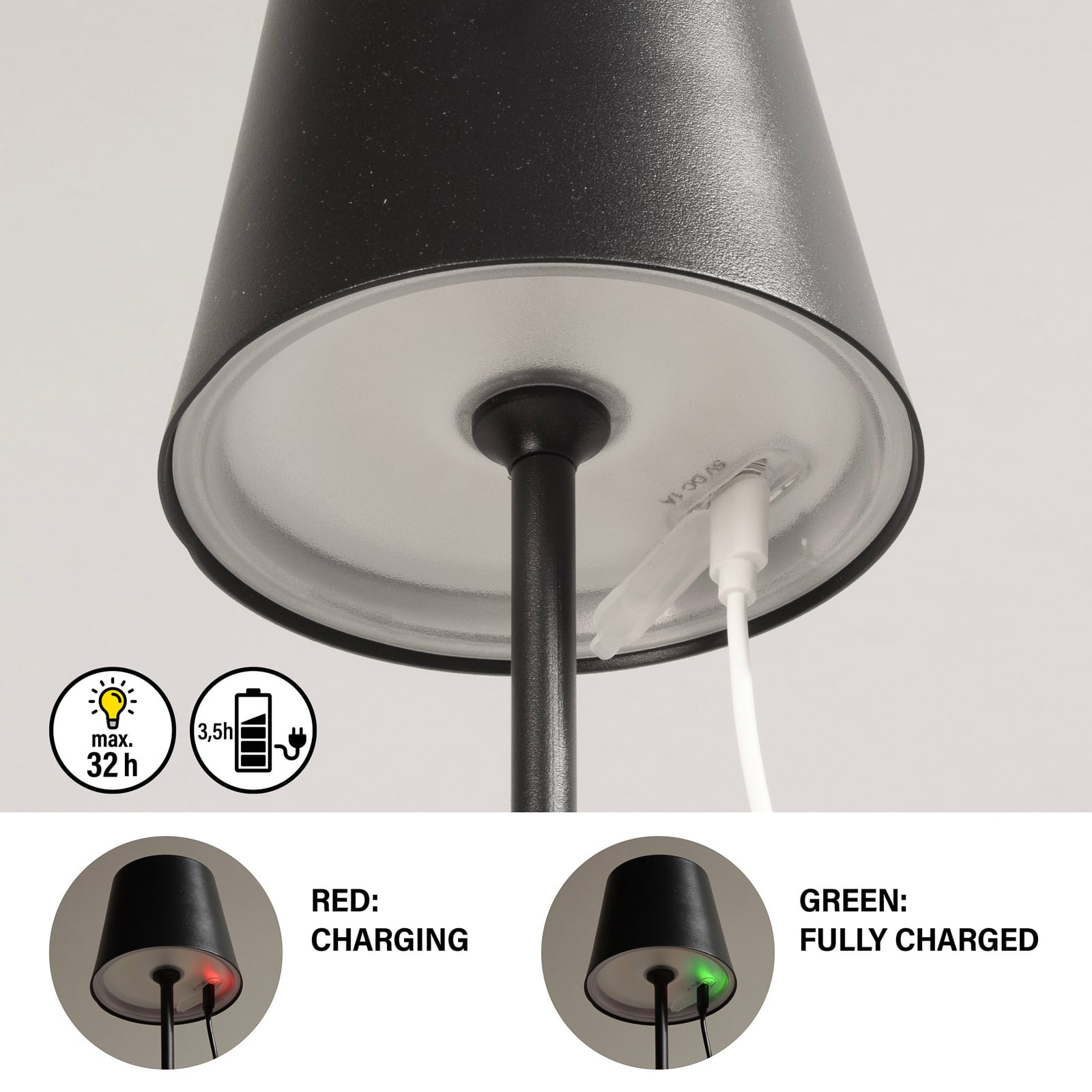 Lampe à poser LED rechargeable Viletto, noir, IP54