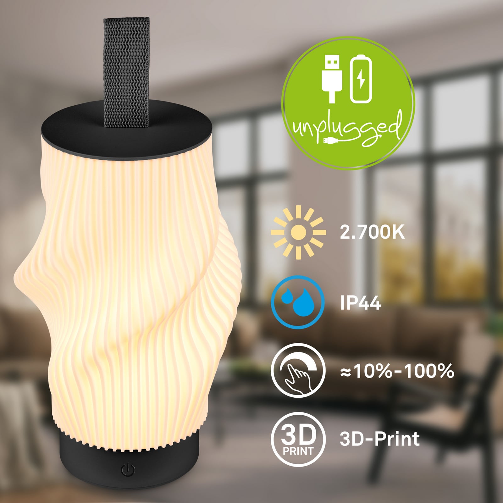 Brilo unplugged Tubi -LED-akkukäyttöinen pöytälamppu, musta/valkoinen, IP44