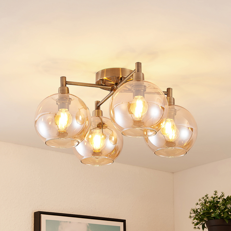 Lindby Brendan ceiling light, brown glass, 4-bulb