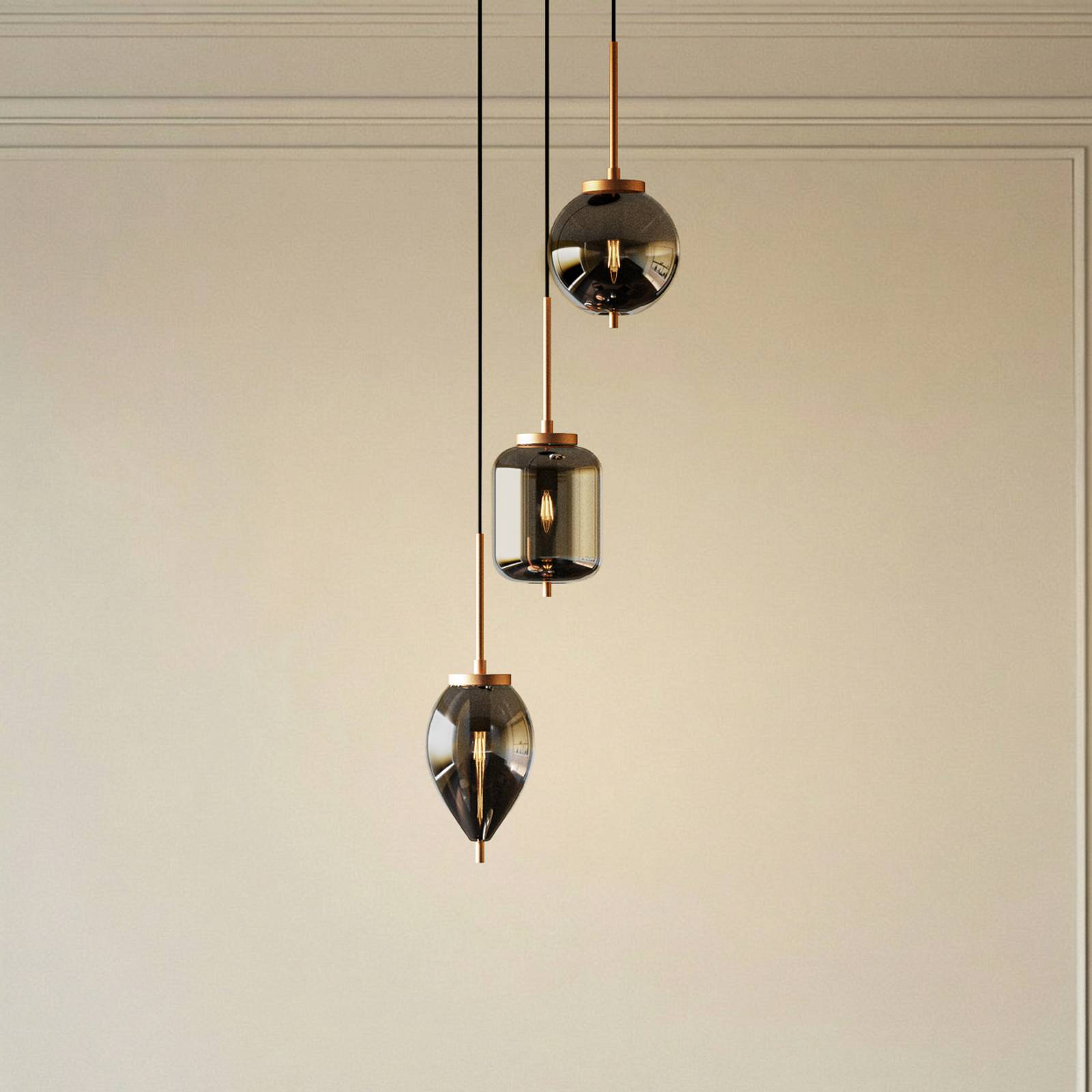 Suspension Lucande Elani, à 3 lampes, Ø 36 cm, verre