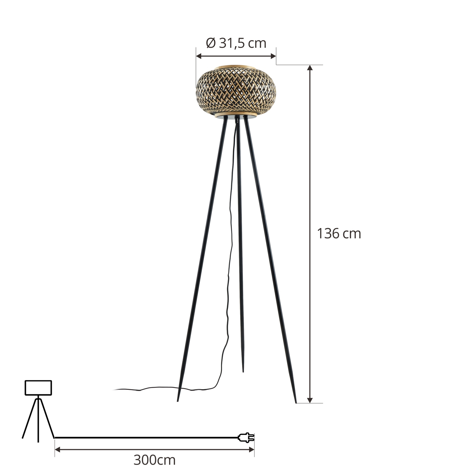 Stojacia lampa Lindby Nerys, čierna, bambus, Ø 31,5 cm, trojnožka