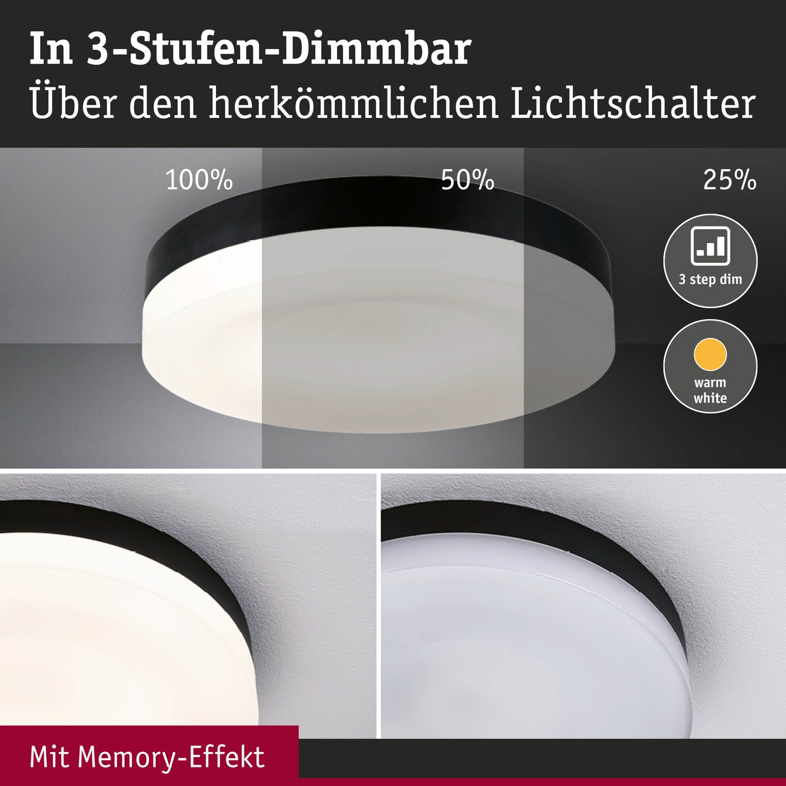 Amalie LED Plafonnier 3-step Dim. Matt Noir - Paulmann