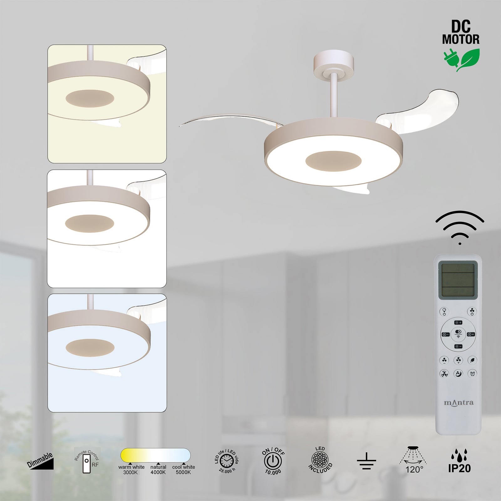 Ventilador de techo LED inteligente Coin, beige/blanco, CC, silencioso, CCT Ventilador de techo LED inteligente Coin, beige/blanco, CC, silencioso, CCT
