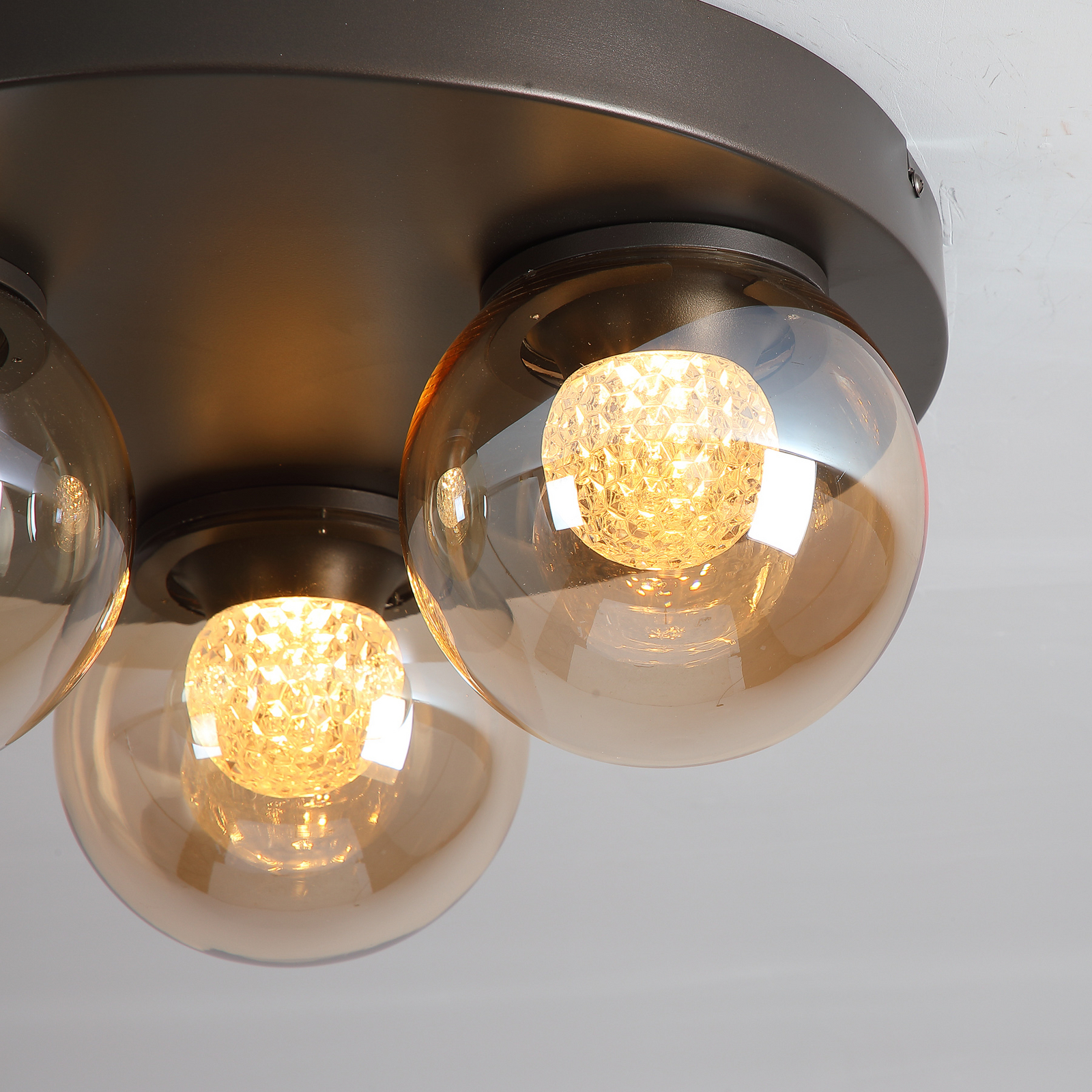 Plafón LED Solis, 3 luces, redonda, color bronce, cristal, 2.700 K