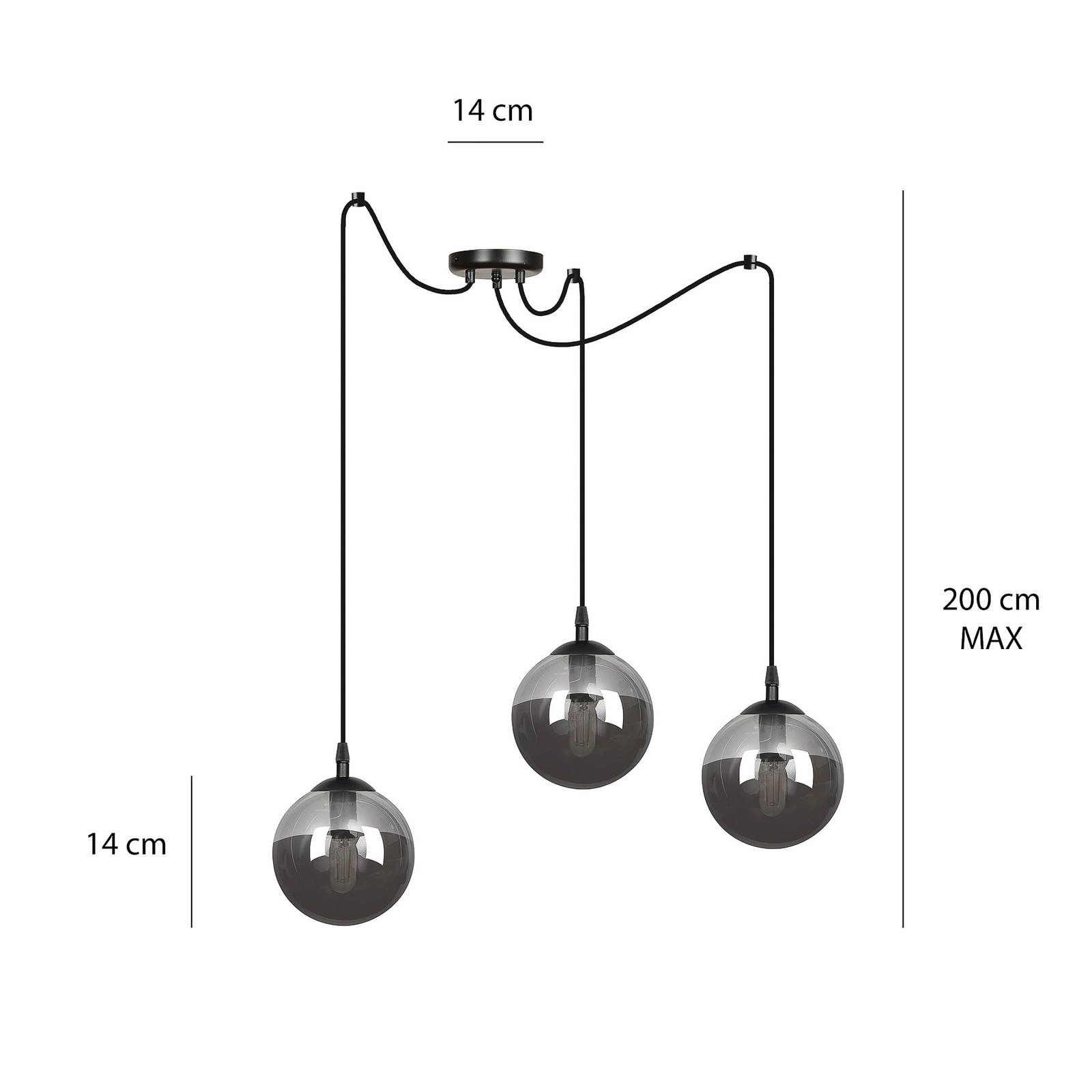 Hanglamp Glassy 3-lamps decentraal, glas grafiet