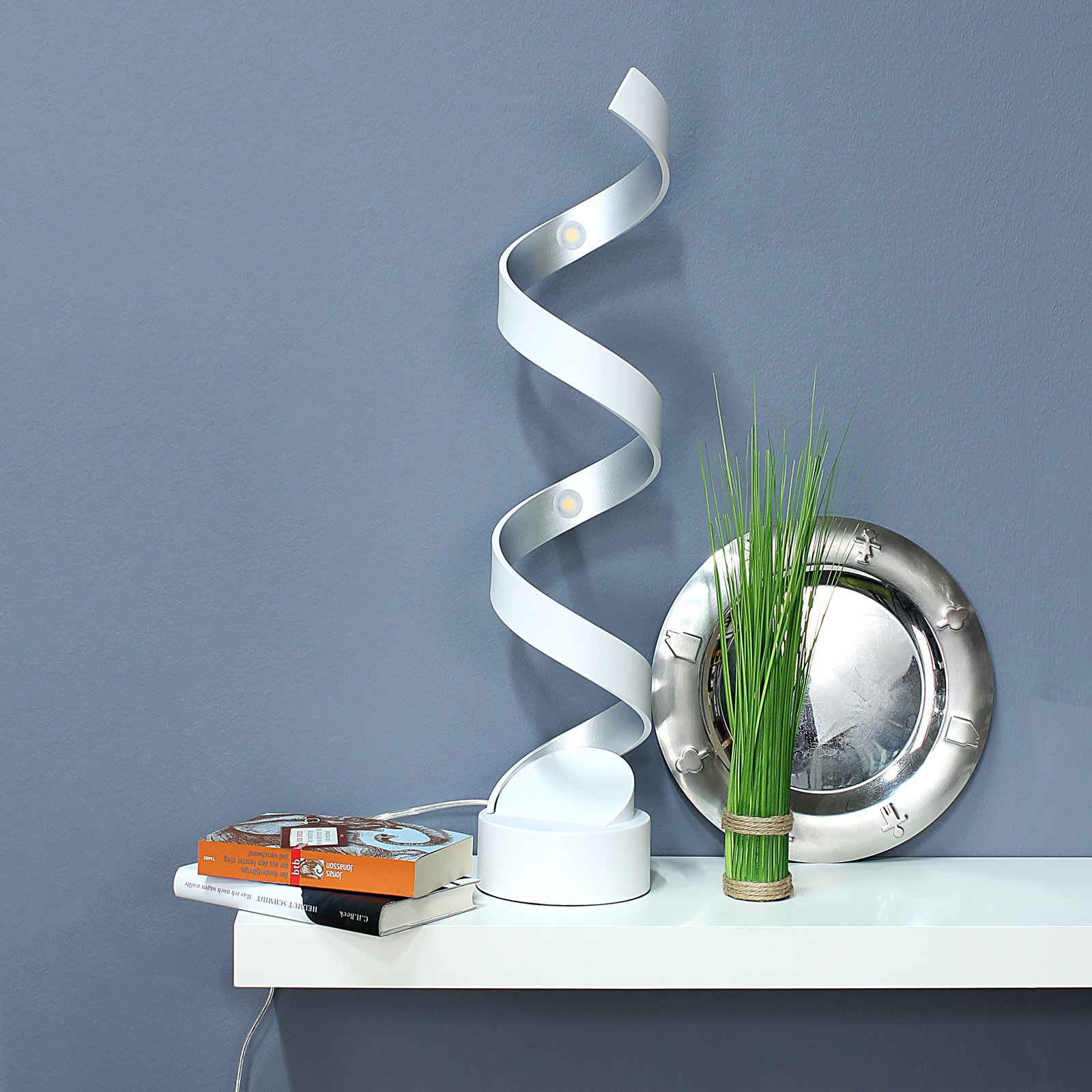 LED stolní lampa Helix, výška 66 cm, bílá stříbrná