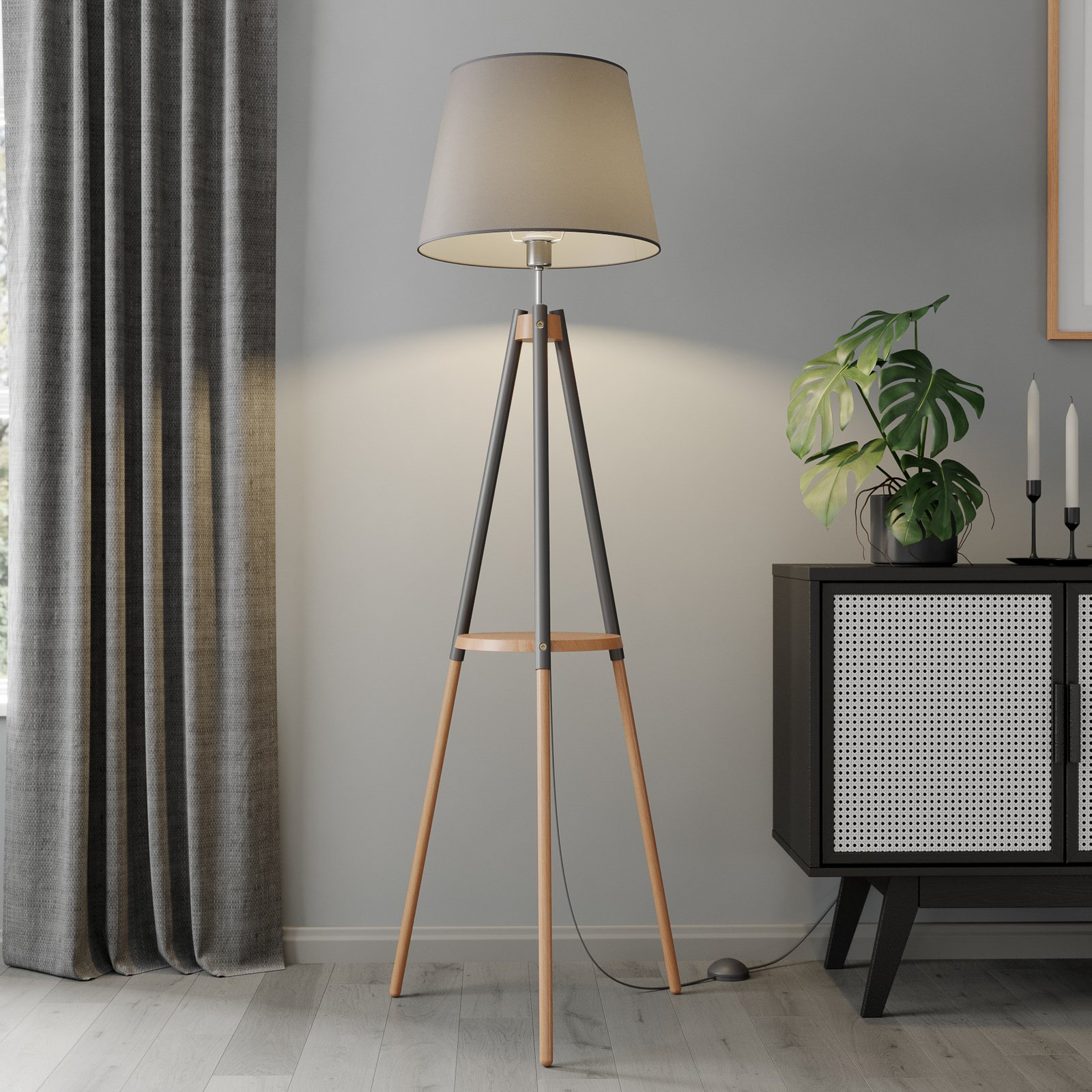 Vaio wooden tripod floor lamp, grey lampshade