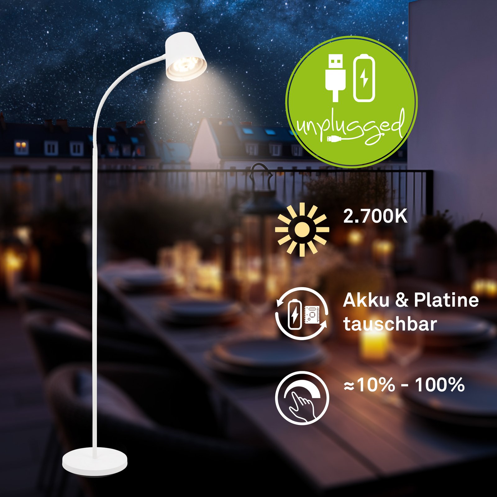 Cielo rechargeable LED floor lamp, white, touch dimmer, USB cable