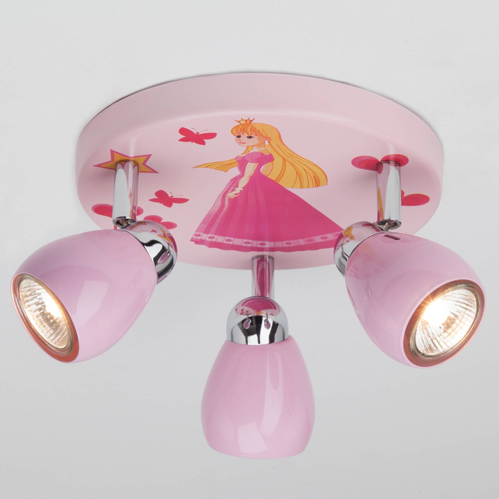 Pink LED ceiling light Princess, three-bulb