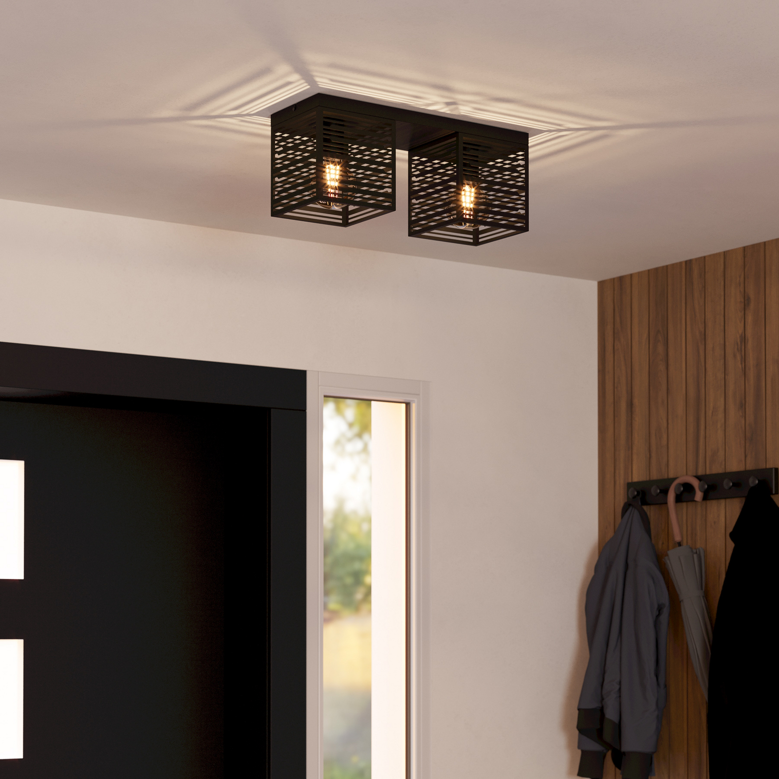 Stropní svítidlo Piedritas, dvě černá čtvercová stínidla