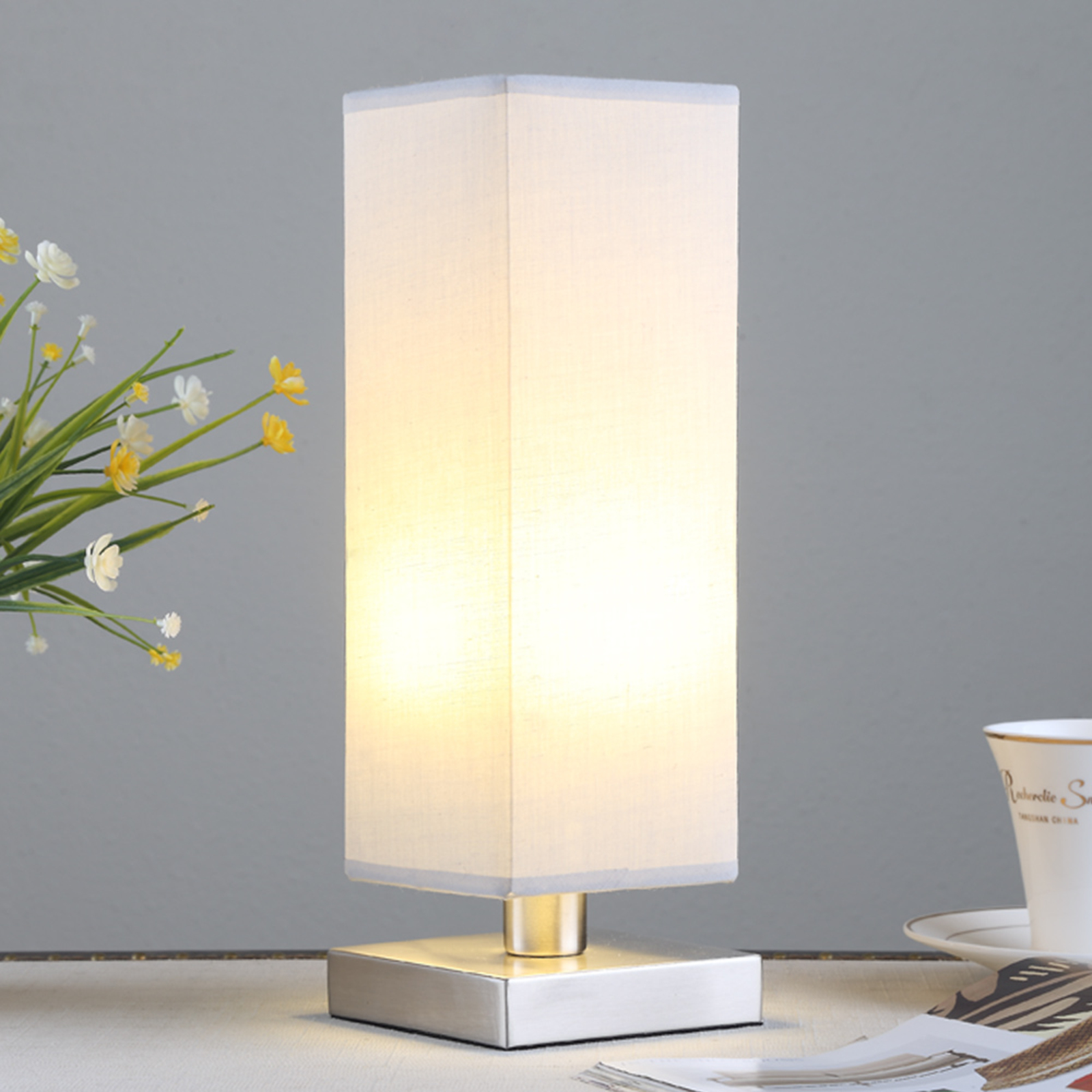 Julina - fabric bedside table lamp in light grey