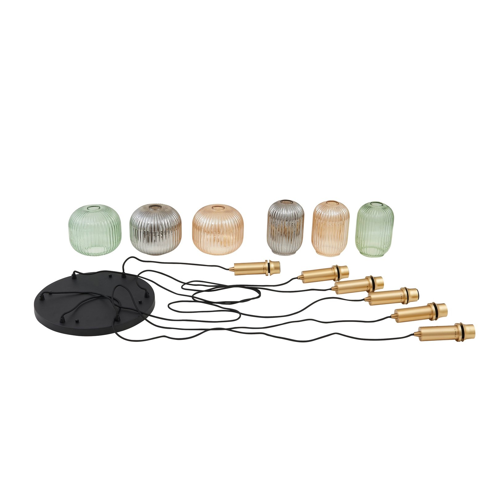 Lindby suspension Doroteo, 6 lampes, vert/ambre/gris, verre