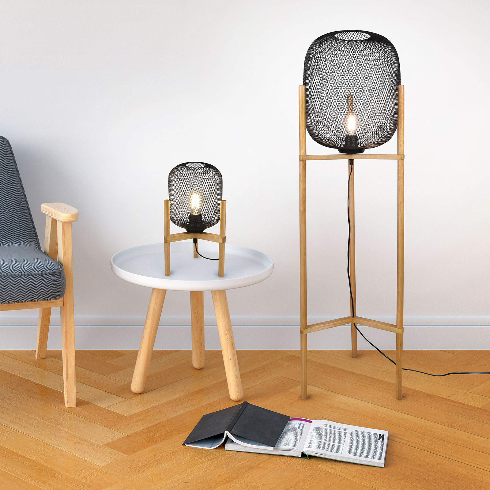 Lámpara de mesa Calimero armazón de madera trípode