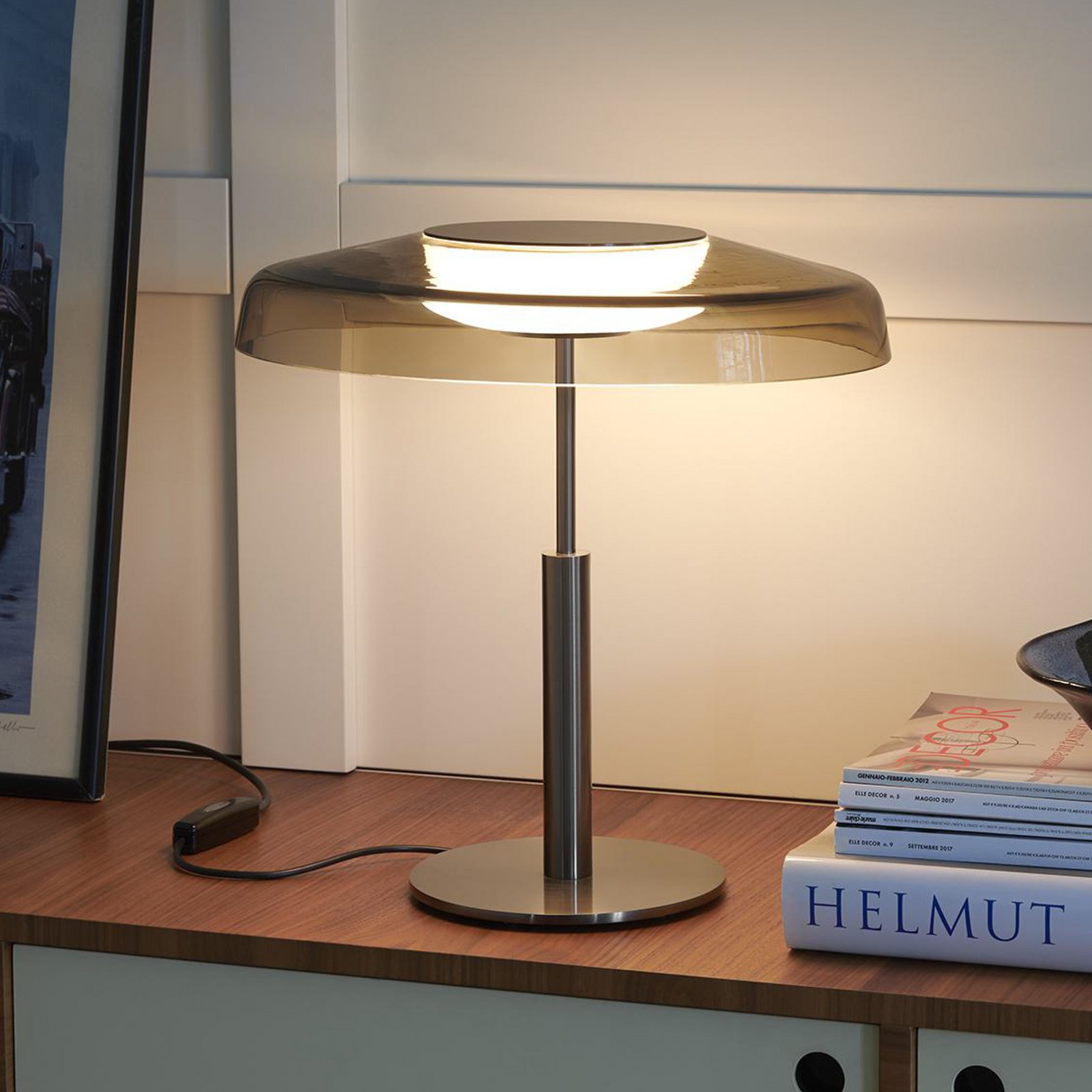 Oluce LED table lamp Dora, nickel/smoke grey, metal, PMMA