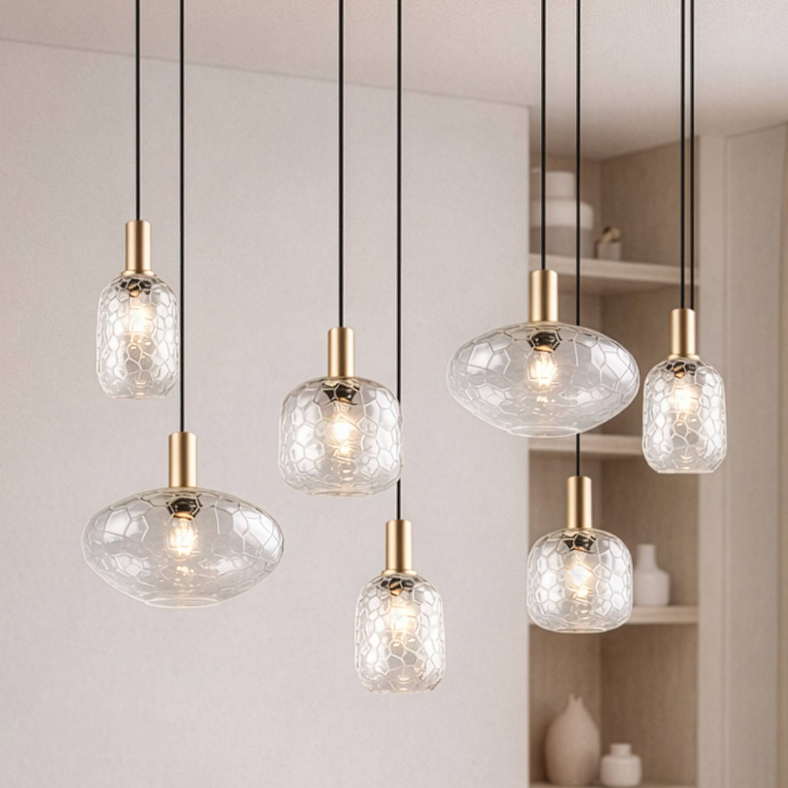 Hengelampe Emelie, 6 lyskilder, gullfarget/klar, metall, glass, E27