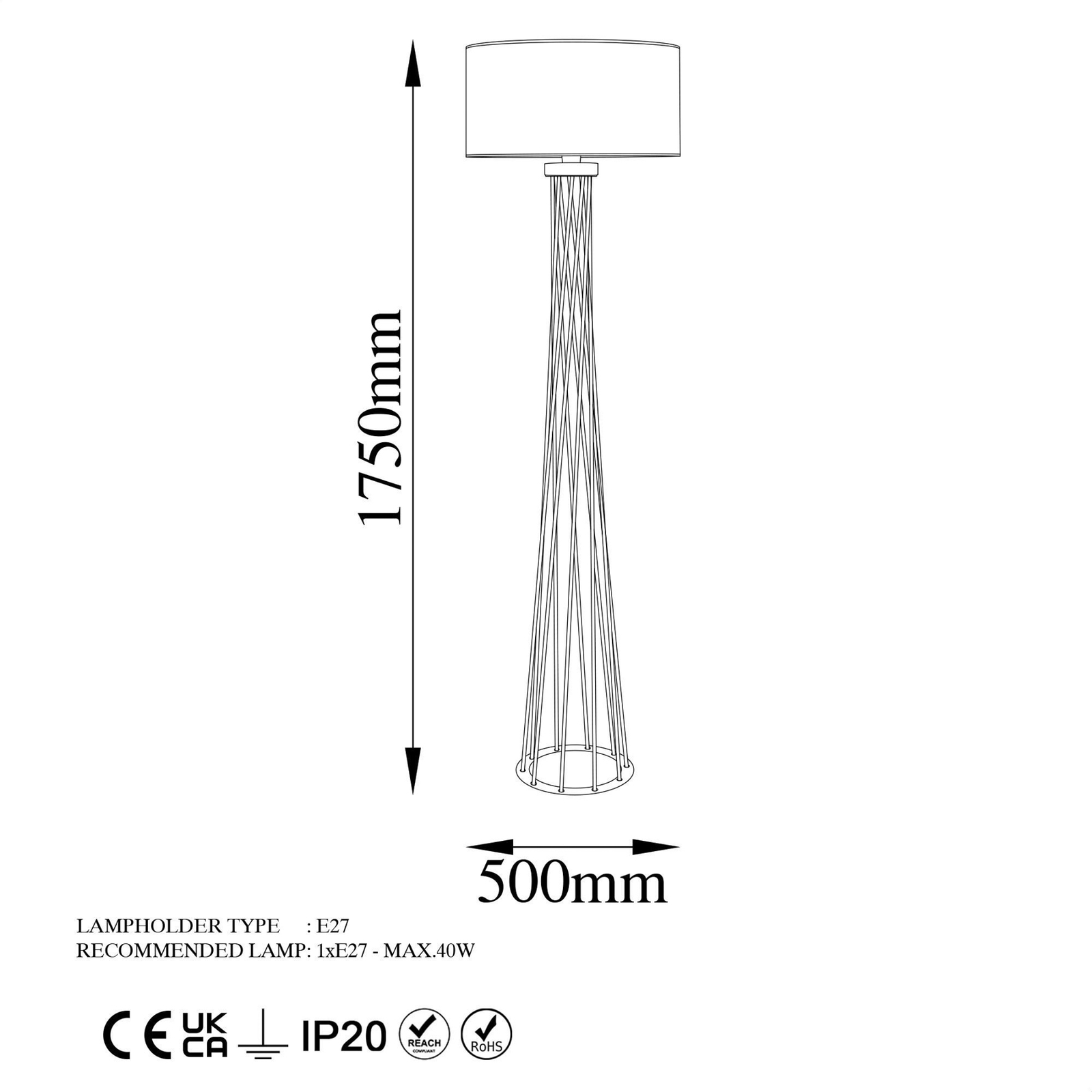 Lámpara de pie Tall 13470, negra, lona, altura 175 cm