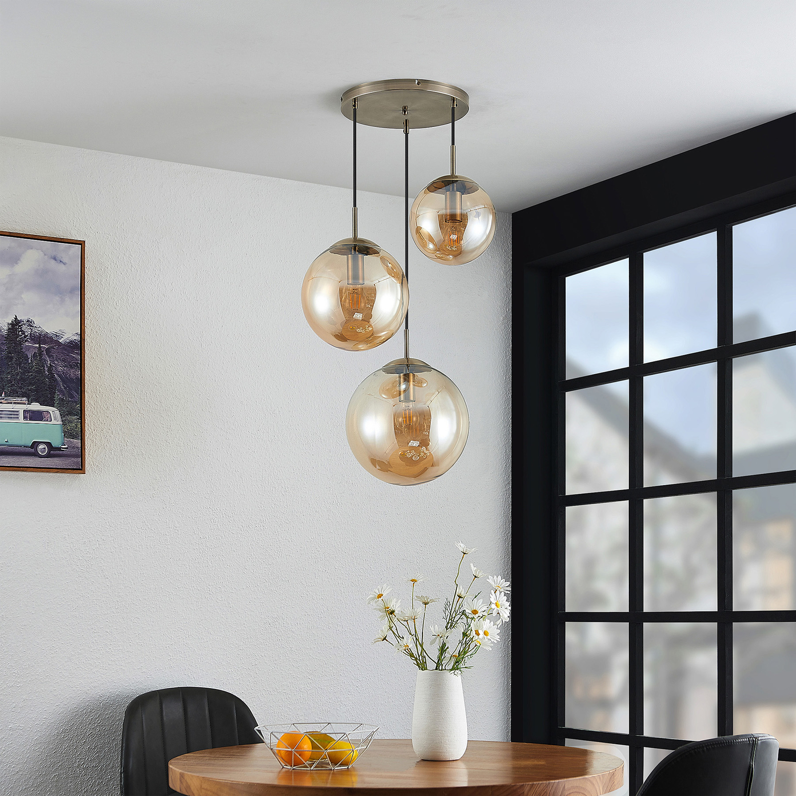 Piket spanning Instrueren Lindby Teeja hanglamp, 3 glasbollen, amber | Lampen24.be