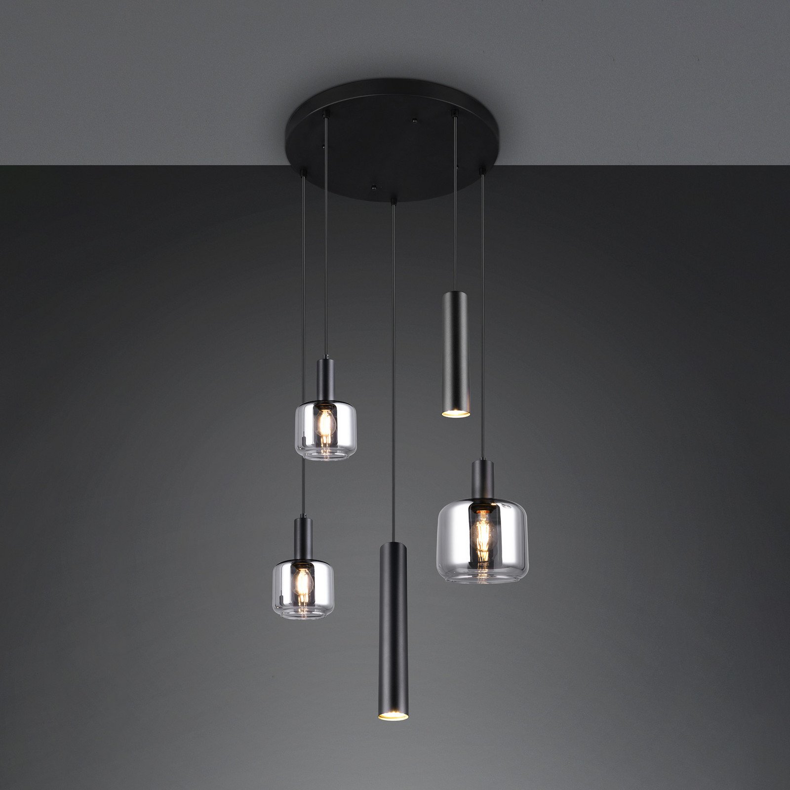 Trio Lighting Lampă suspendată Mataro crom/negru Ø 55 cm 5 becuri sticlă/metal - Camera de zi / sufragerie - modern - crom-transparent negru