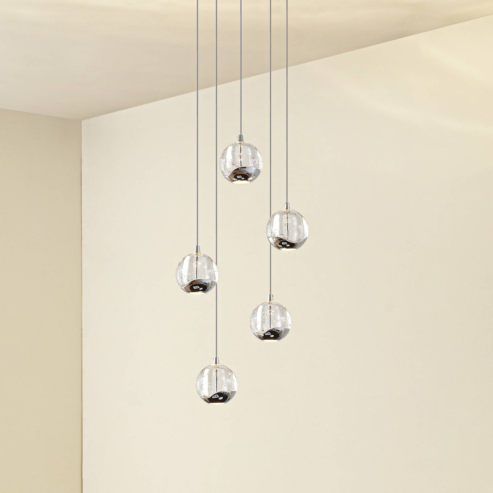 Lucande Suspension LED Hayley, Ø 30 cm, 5 lampes, chrome, verre