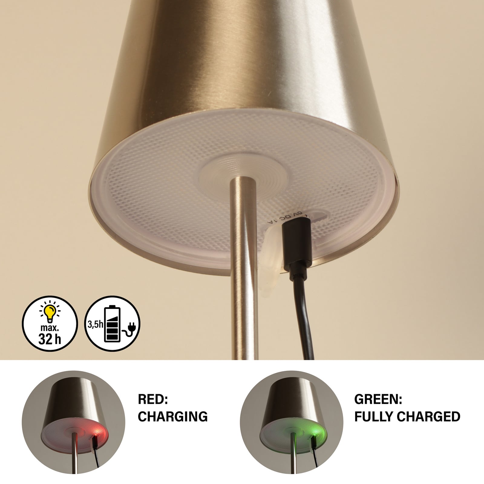 Lámpara de mesa LED recargable Viletto, color níquel, IP54