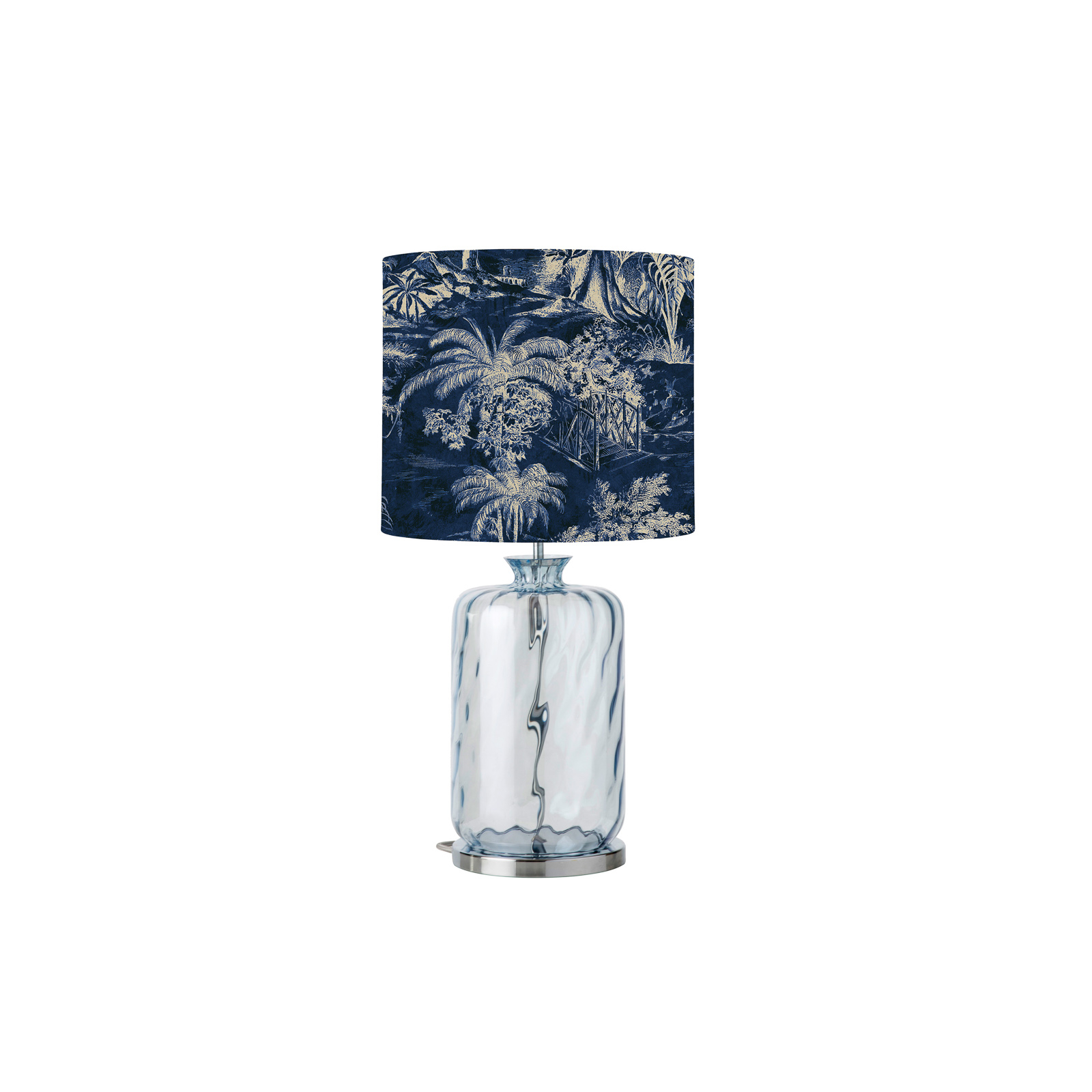 EBB & FLOW Pillar table lamp, Palms indigo/blue, for Living / Dining Room, glass, metal, velvet, E27, 25 W, energy efficiency: A++, H: 64 cm