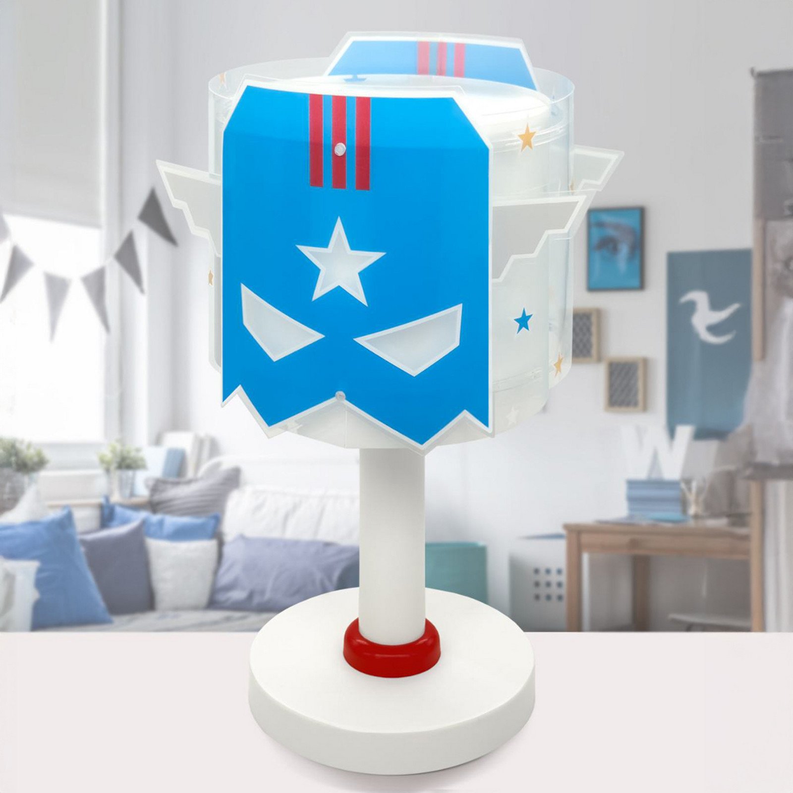 Dalber Blue Hero lampă de masă alb/albastru înălțime 30 cm - Camera copiilor - alb albastru roșu - Plastic