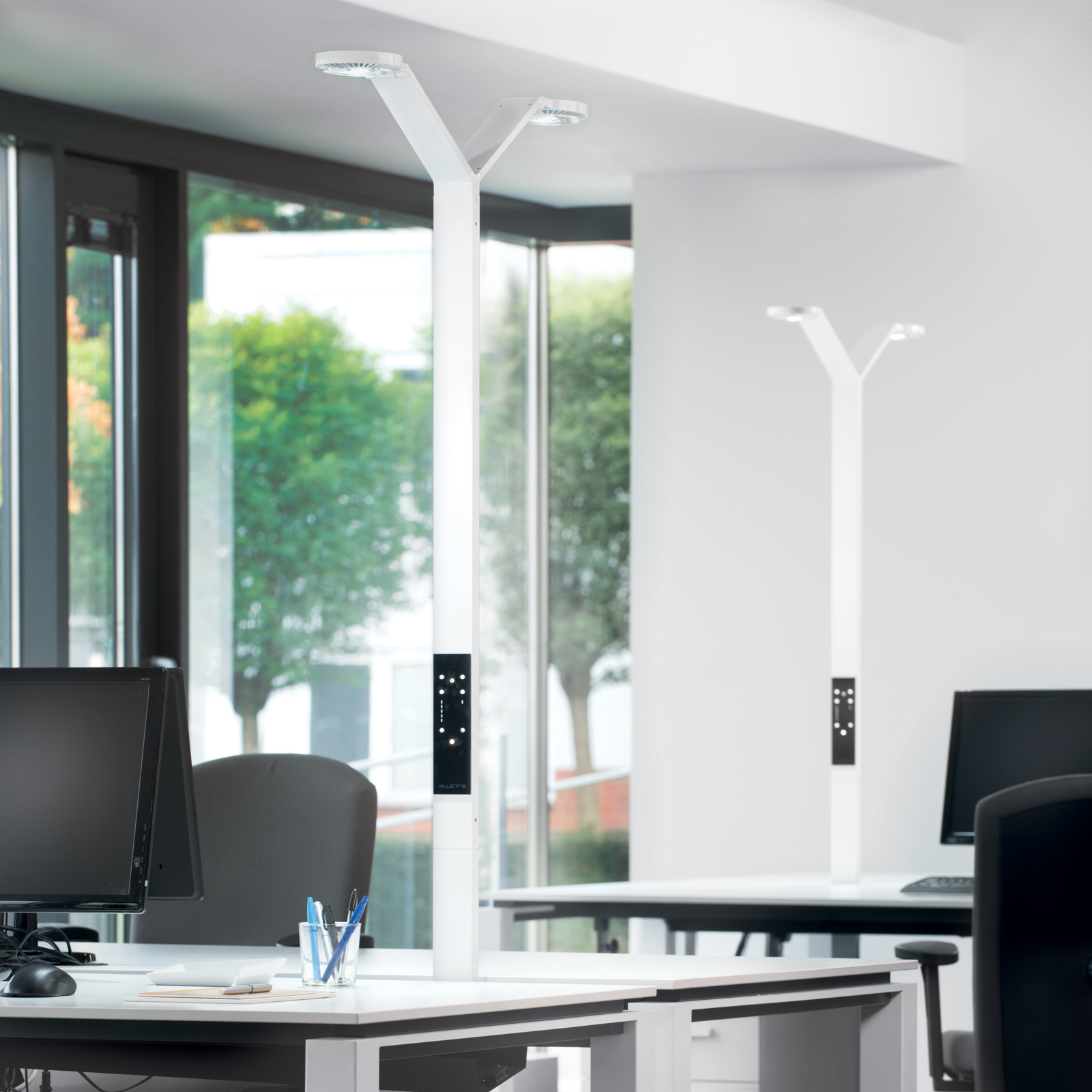 Luctra Floor Twin Radial LED floor lamp white, for Workroom / Office, aluminium, zinc, steel, glass, plastic, 25 W, energy efficiency: A+, L: 73 cm, W: 38 cm, H: 202.5 cm