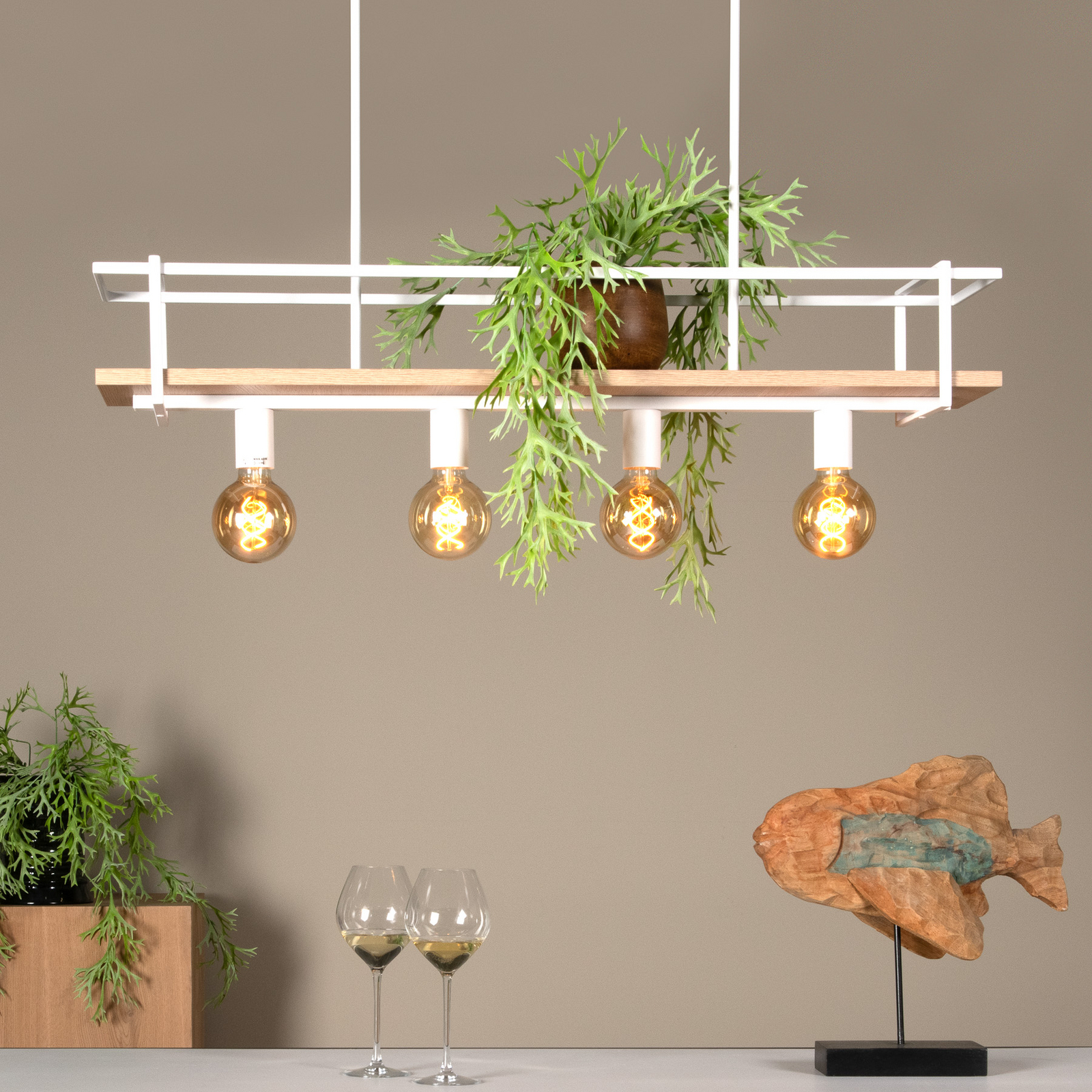 Hängelampe Milonga, weiß, Länge 100 cm, Metall/Holz