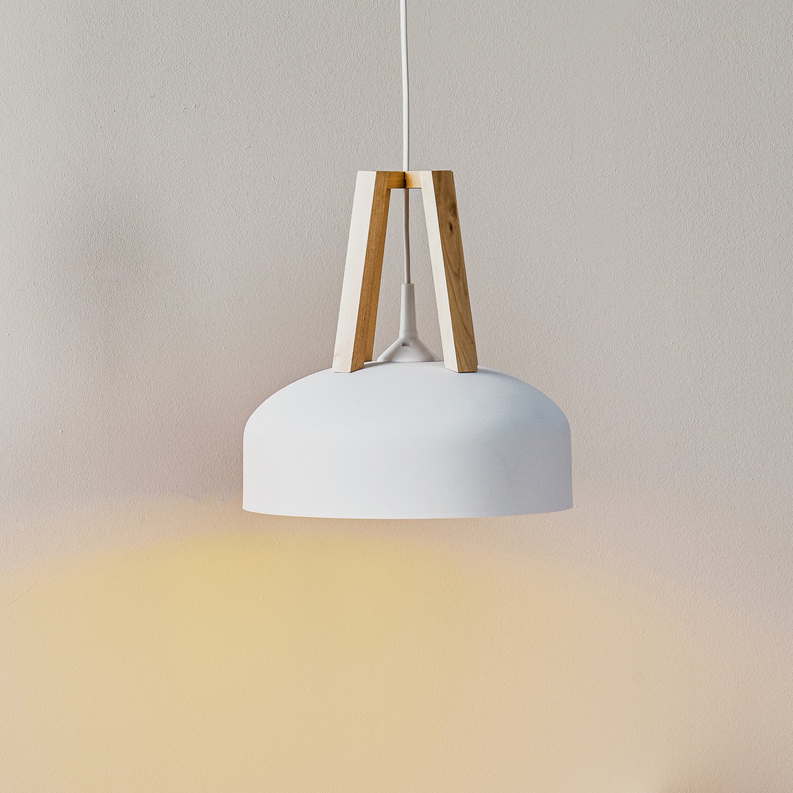 North hanging light, natural wood, white lampshade