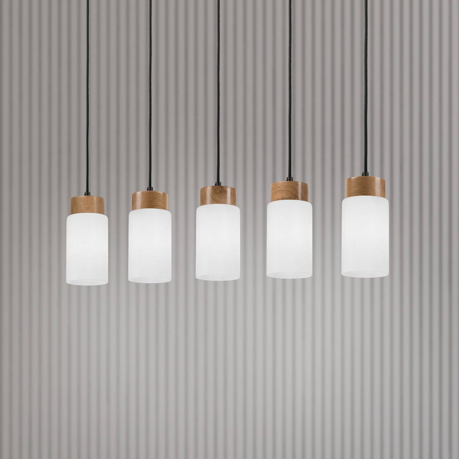 Hängeleuchte Markus, Opalglas/Eichenholz Länge 100 cm 5-flg. günstig online kaufen