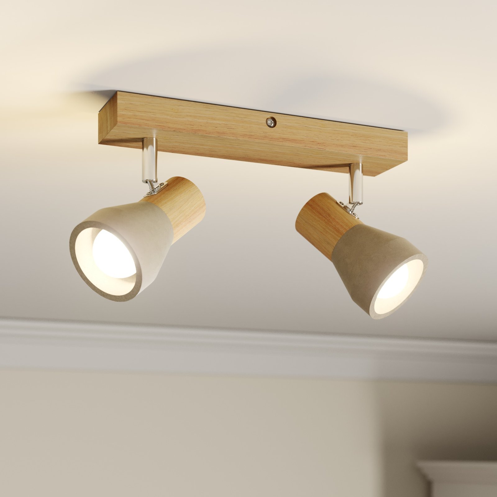 Lindby Filiz spotlight, 2-bulb, 27 cm long, wood, concrete