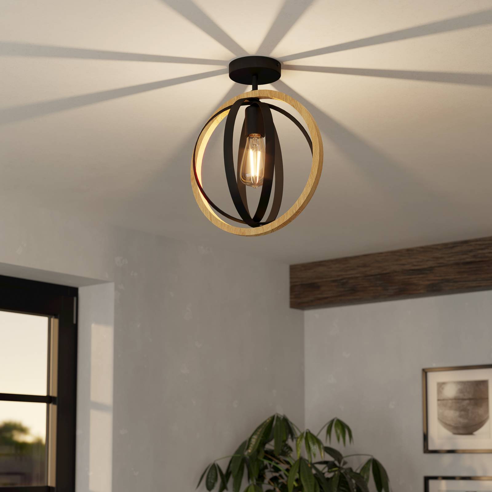  Eglo Eglo Basildon Ceiling Light, Wood And Steel 
