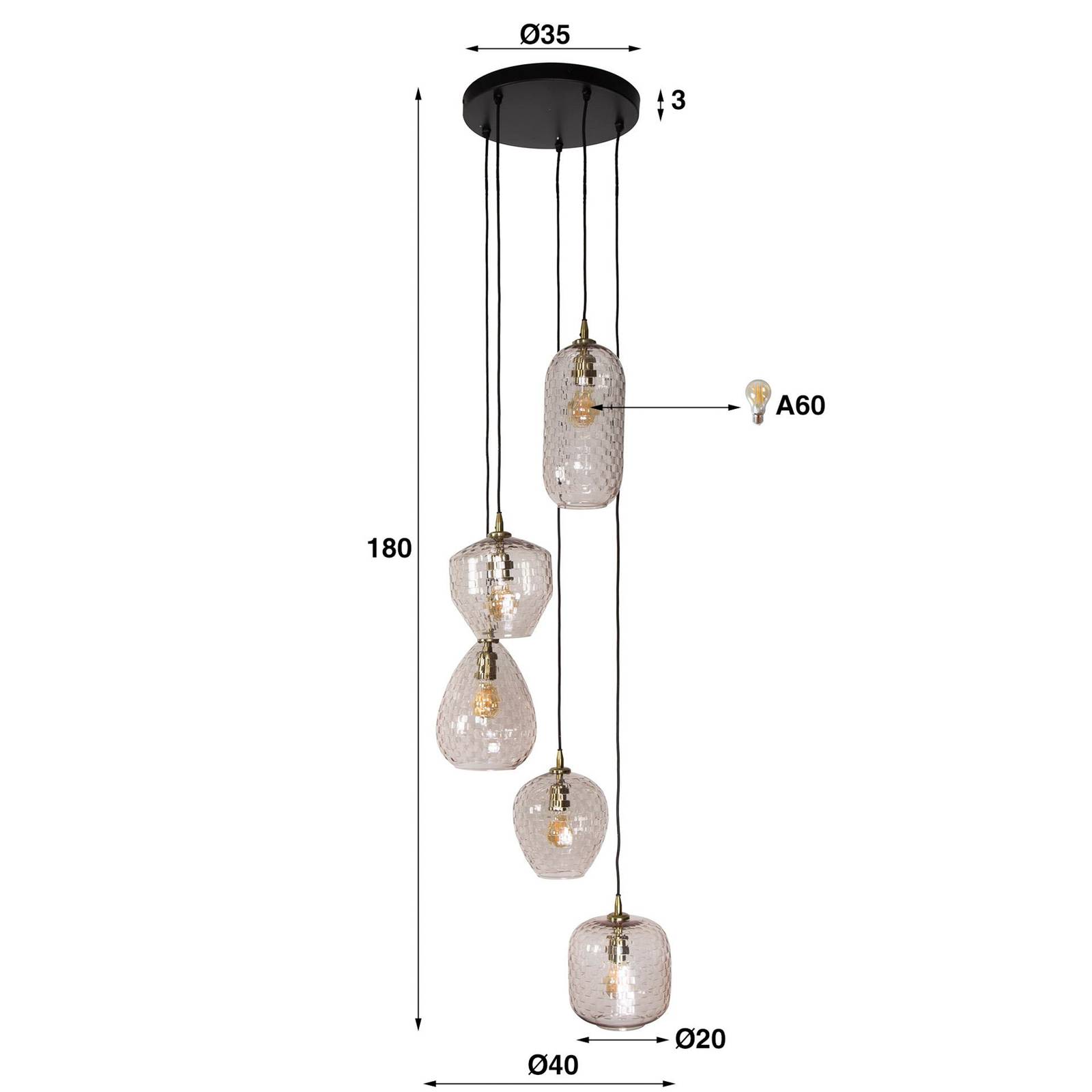 Lampa wisząca Patch, przezroczysta, Ø 40 cm, szkło, 5-punktowa