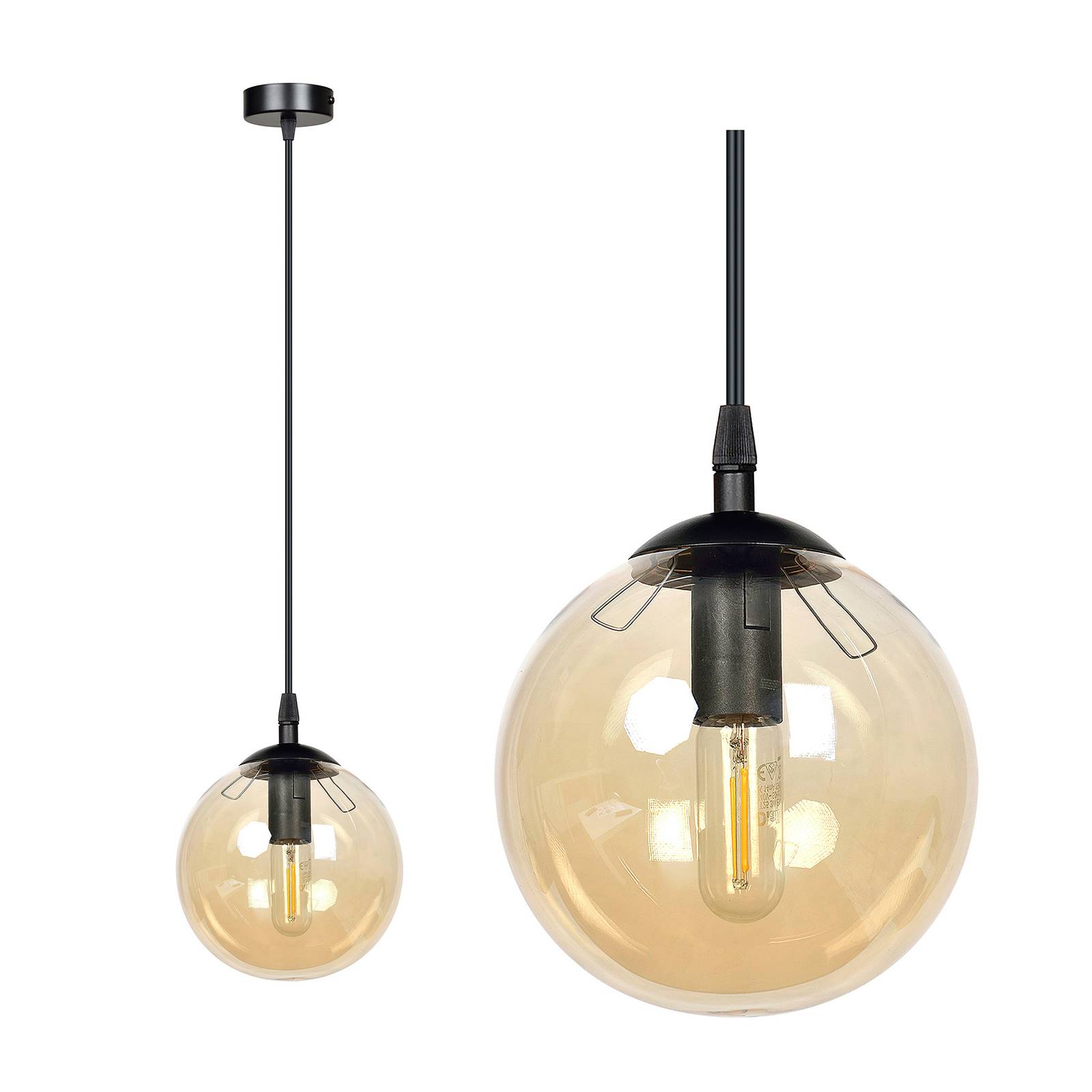 Euluna hanglamp Glassy, 1-lamp, centraal, amber, voor woon-/ eetkamer, metaal, glas, E14, 40 W