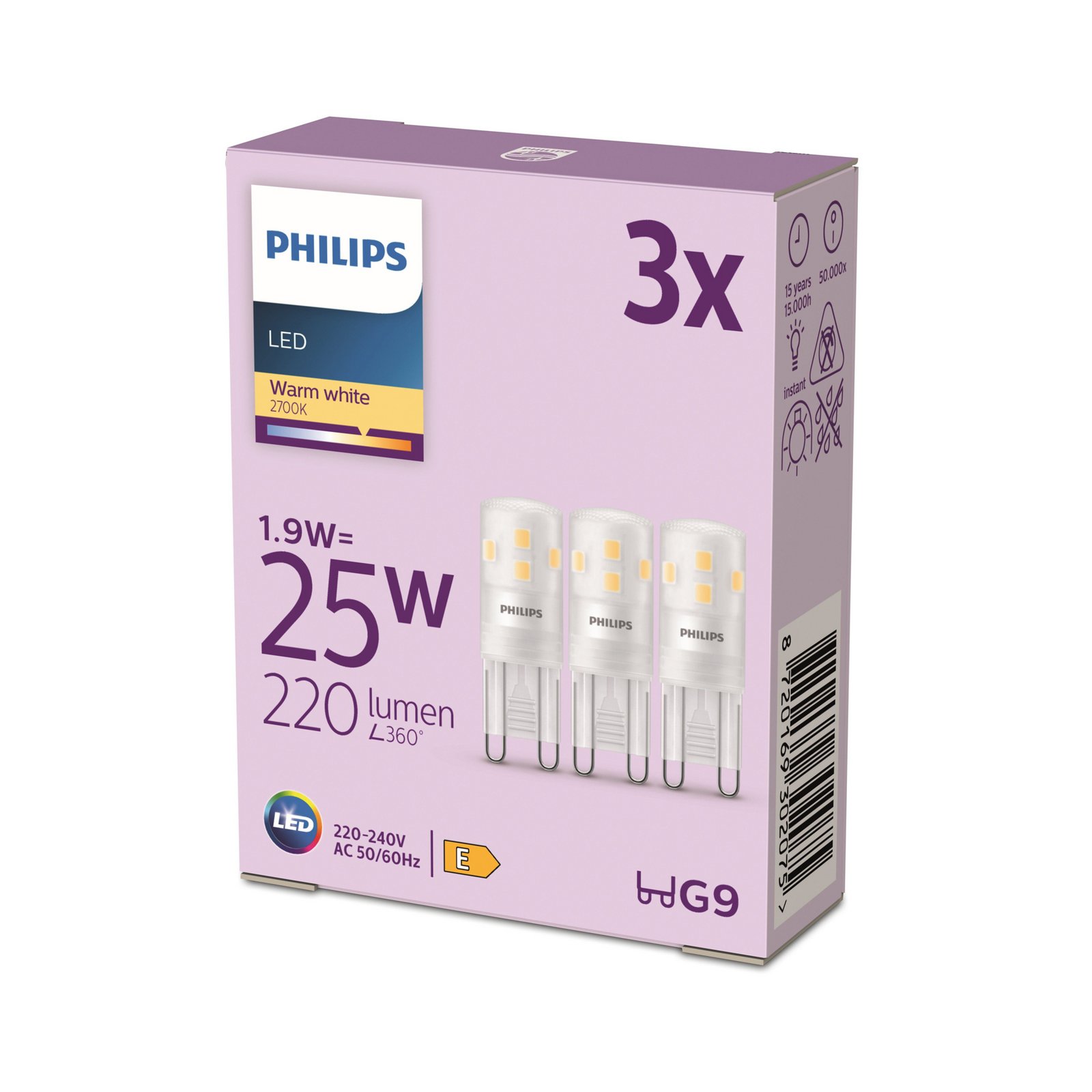 Philips LED-stiftpære G9 1,9W 220lm 2700K matt 3-pak