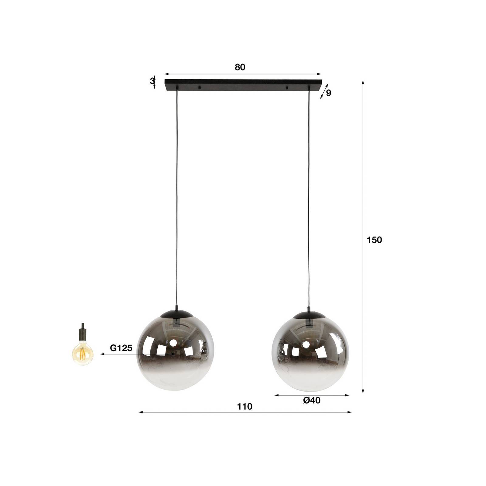 Lampa wisząca Glassball XL, 2-punktowa, szkło, szary dymny, antracytowy
