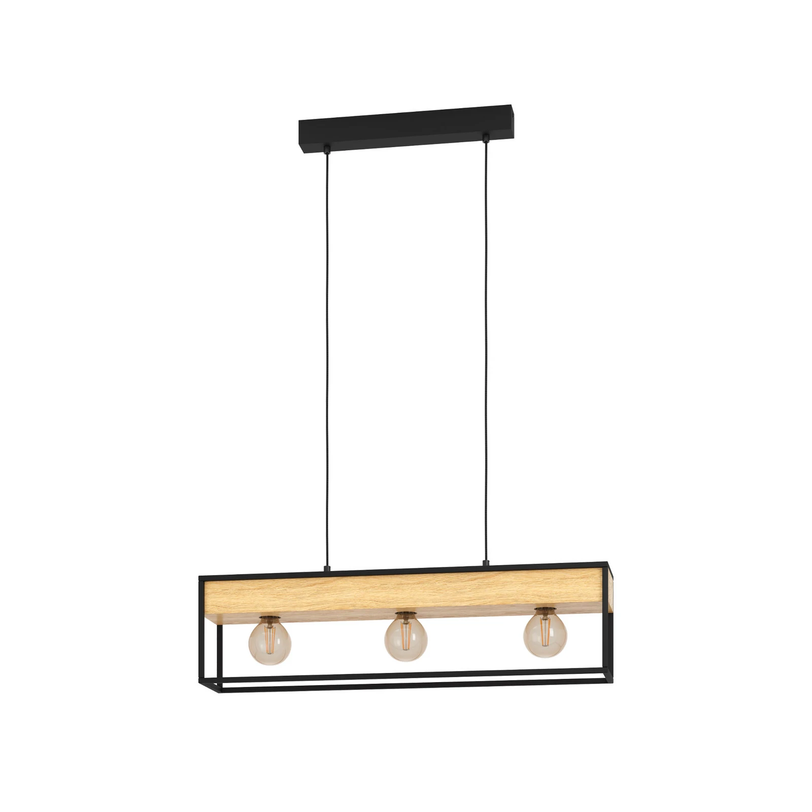 Závěsná lampa Libertad 1, délka 76 cm, černá/dřevo, 3 světla.