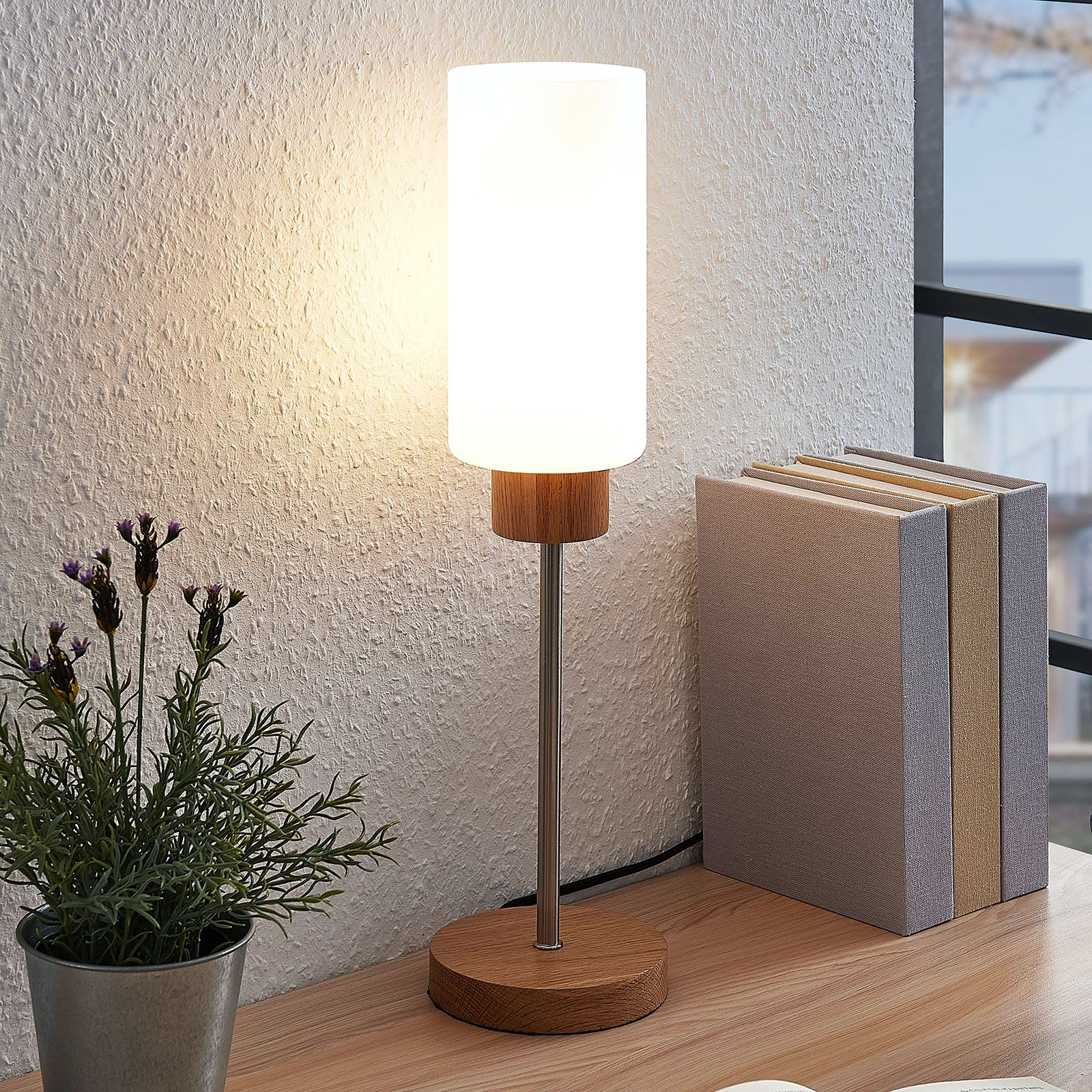 Lindby Nicus wooden table lamp, glass lampshade, for Living / Dining Room, oak, glass, steel, E27, 60 W, energy efficiency: A++, H: 45 cm