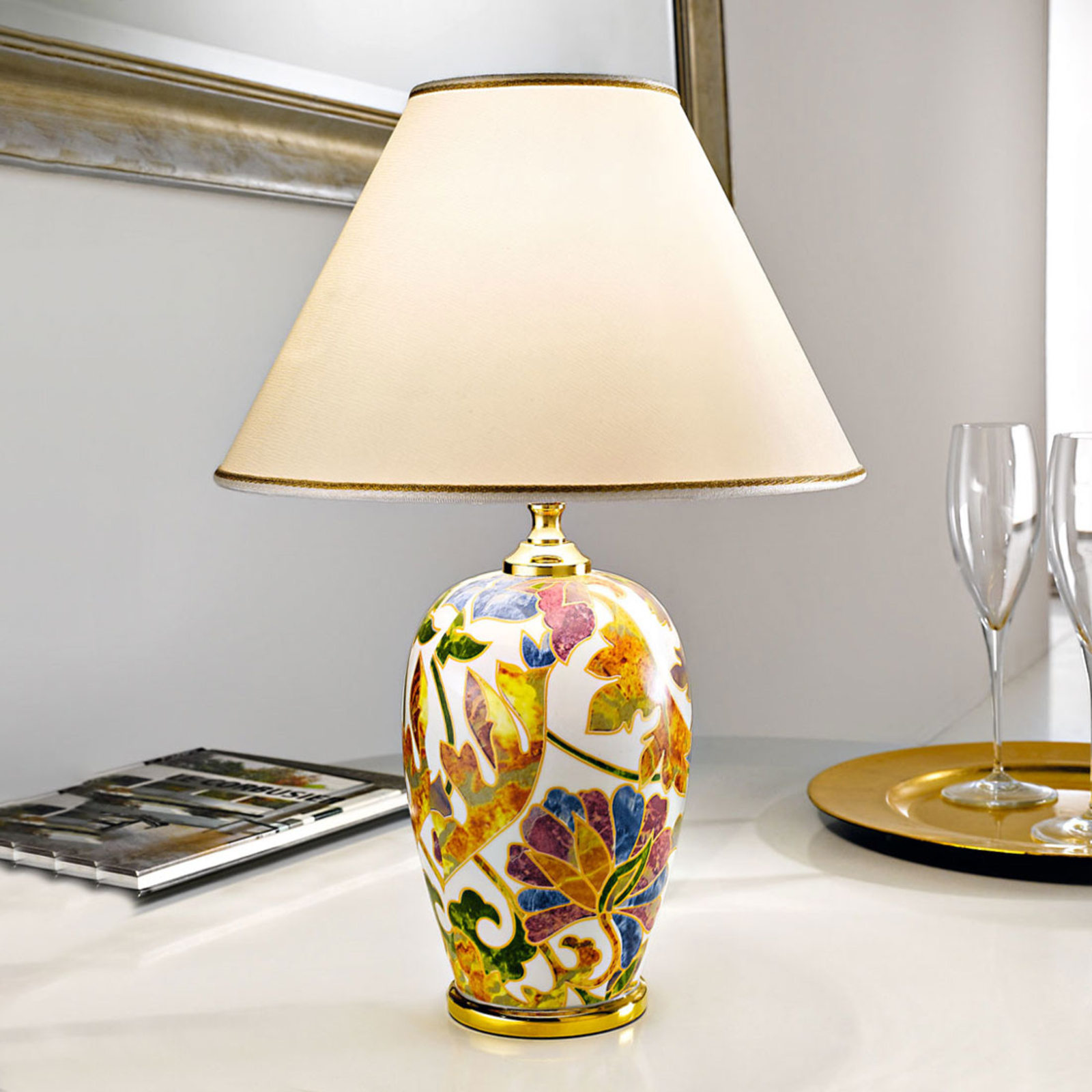 AUSTROLUX BY Kolarz Damasco table lamp with 24 carat gold, Ø 30 cm, for Living / Dining Room, ceramic, fabric, E27, 60 W, energy efficiency: A++, H: 41 cm