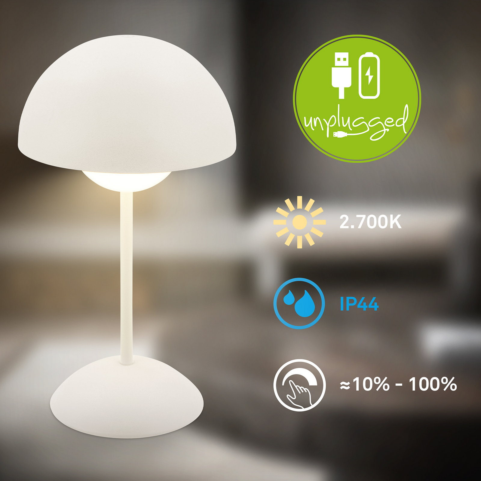 Lampa de masă cu LED și baterie Kugle, albă, metal, IP44, dimabil