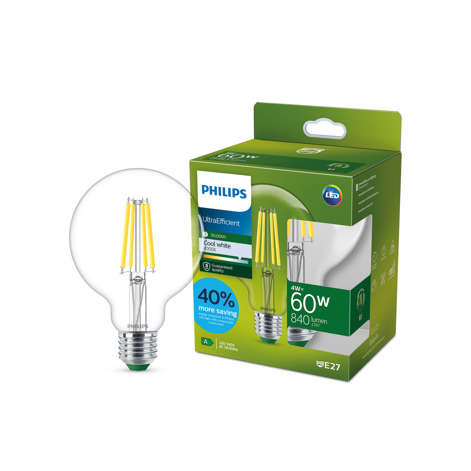 Philips E27 globe LED G95 4W 840lm 840 claire