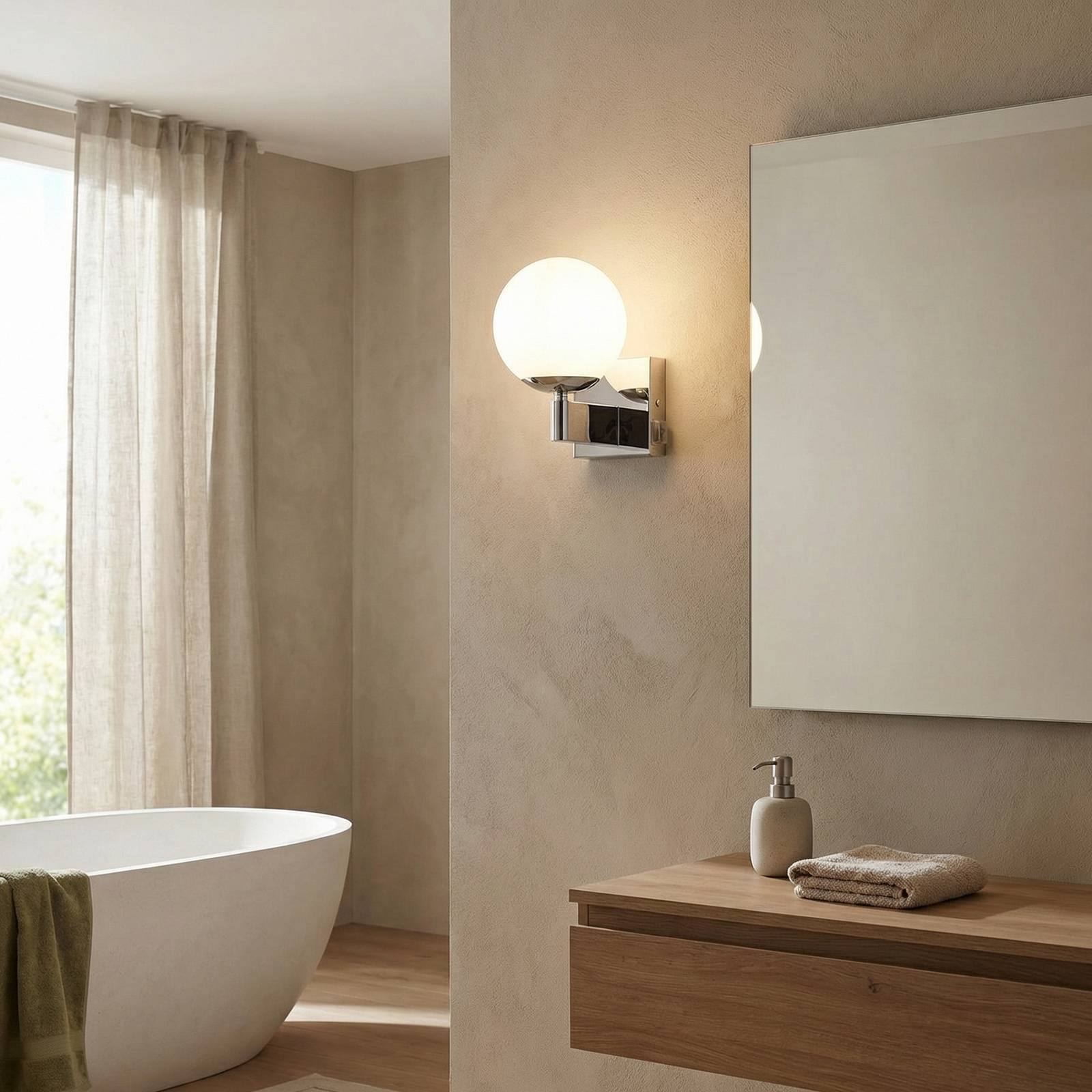 Trio Lighting Badkamerwandlamp Kula, glazen kap, IP44, chroom