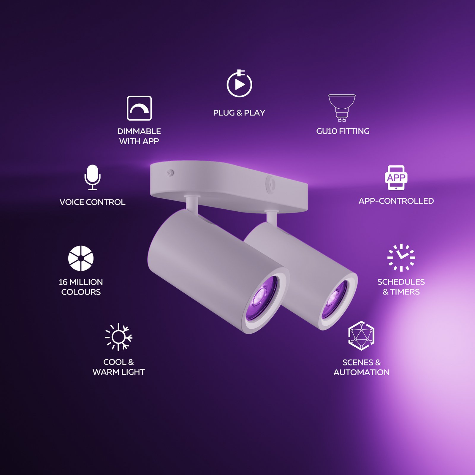 Foco empotrable Calex Smart blanco, longitud 22 cm, 2 luces GU10 LED RGBW